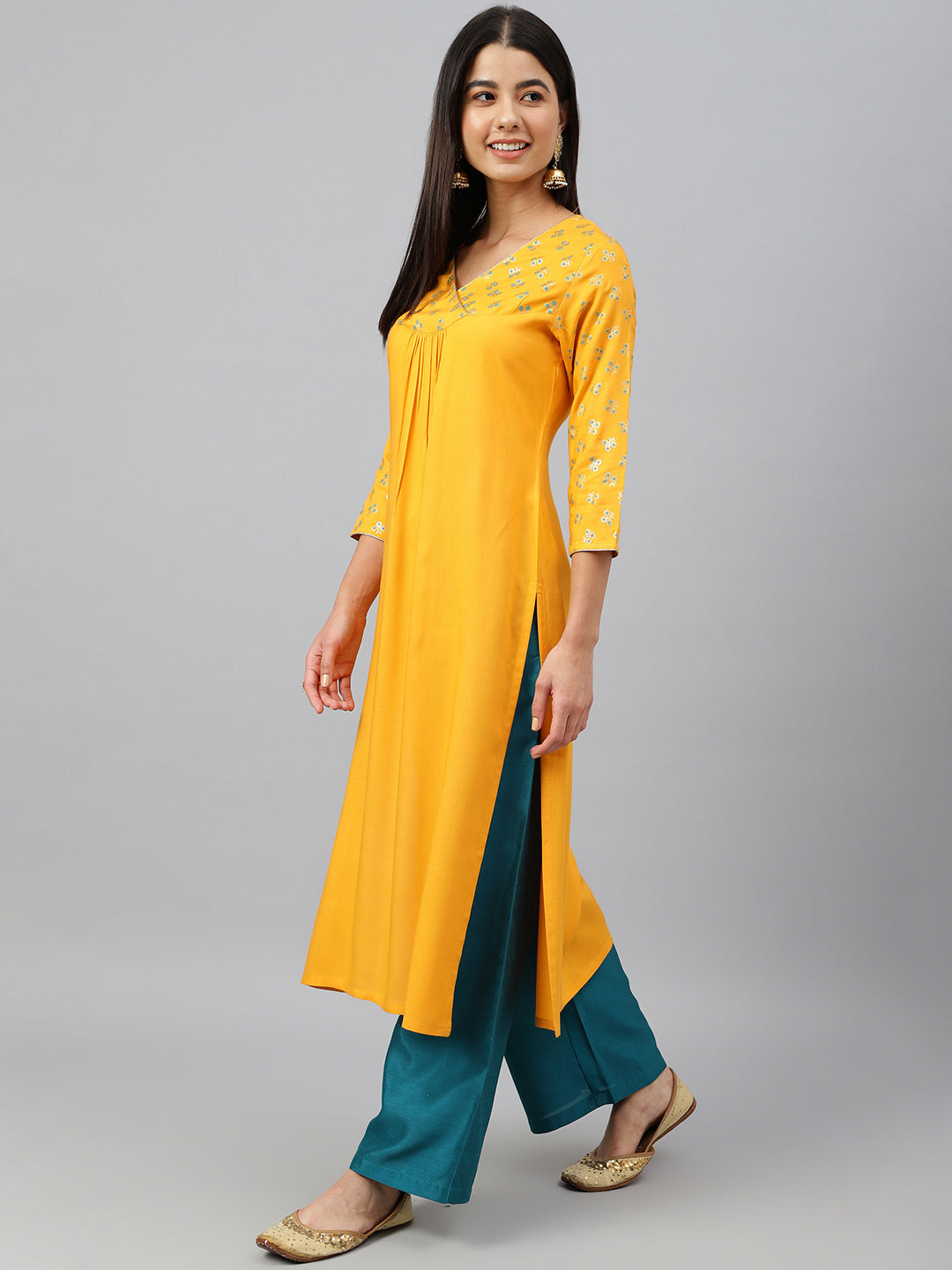 Janasya Women's Orange Rayon Gold Floral Print Festive Straight Kurta - Swadesiicart