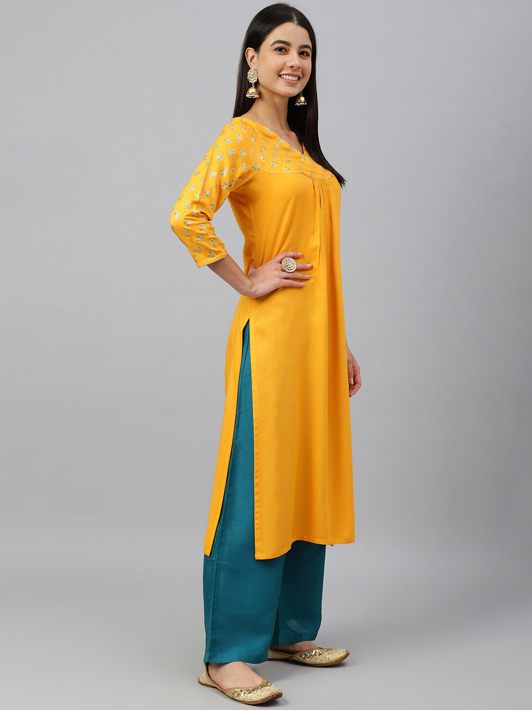 Janasya Women's Orange Rayon Gold Floral Print Festive Straight Kurta - Swadesiicart