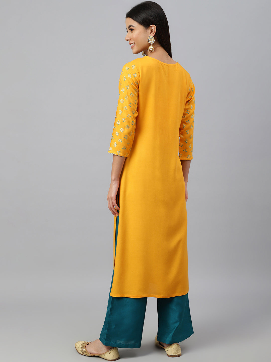 Janasya Women's Orange Rayon Gold Floral Print Festive Straight Kurta - Swadesiicart