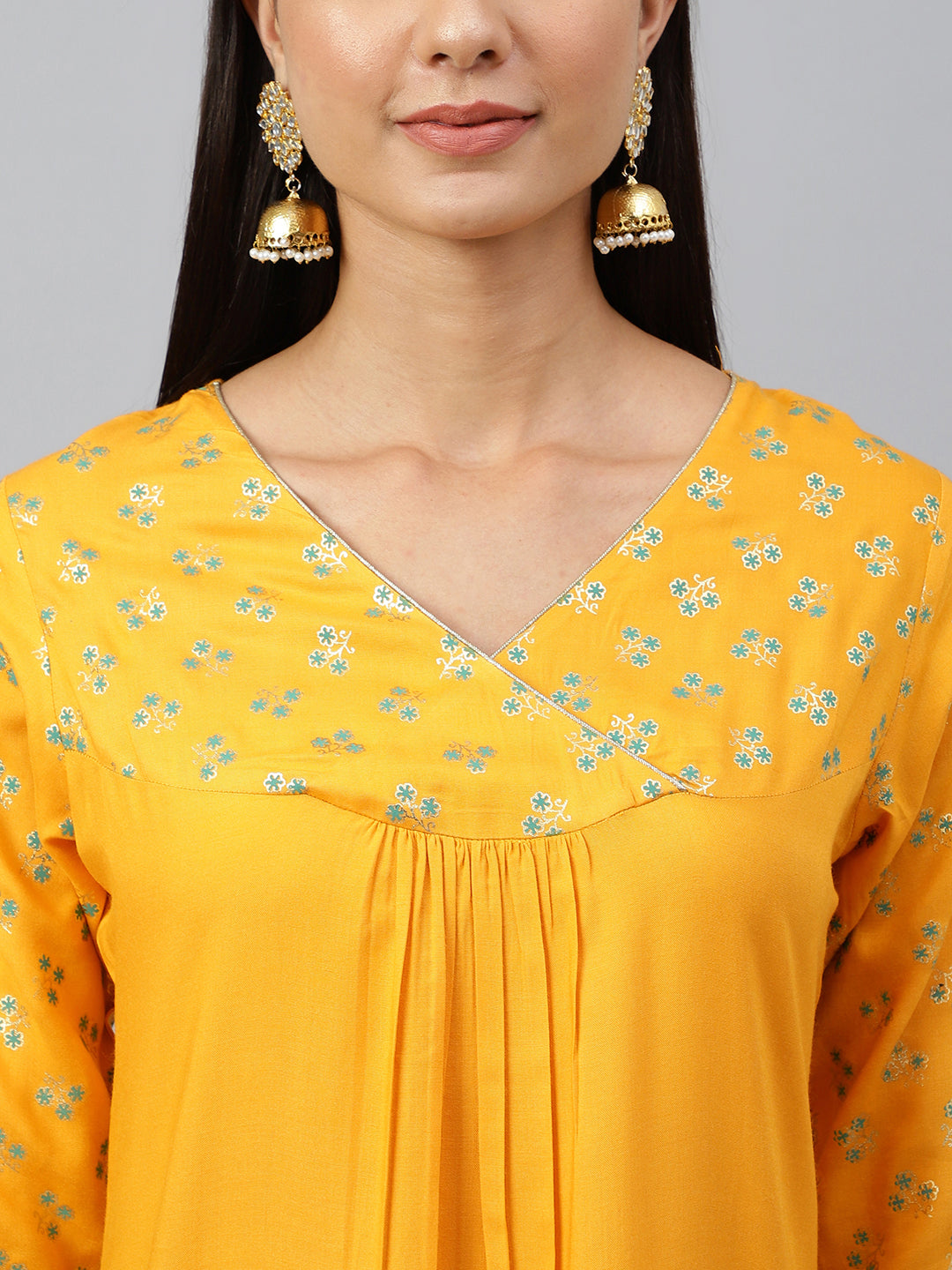 Janasya Women's Orange Rayon Gold Floral Print Festive Straight Kurta - Swadesiicart