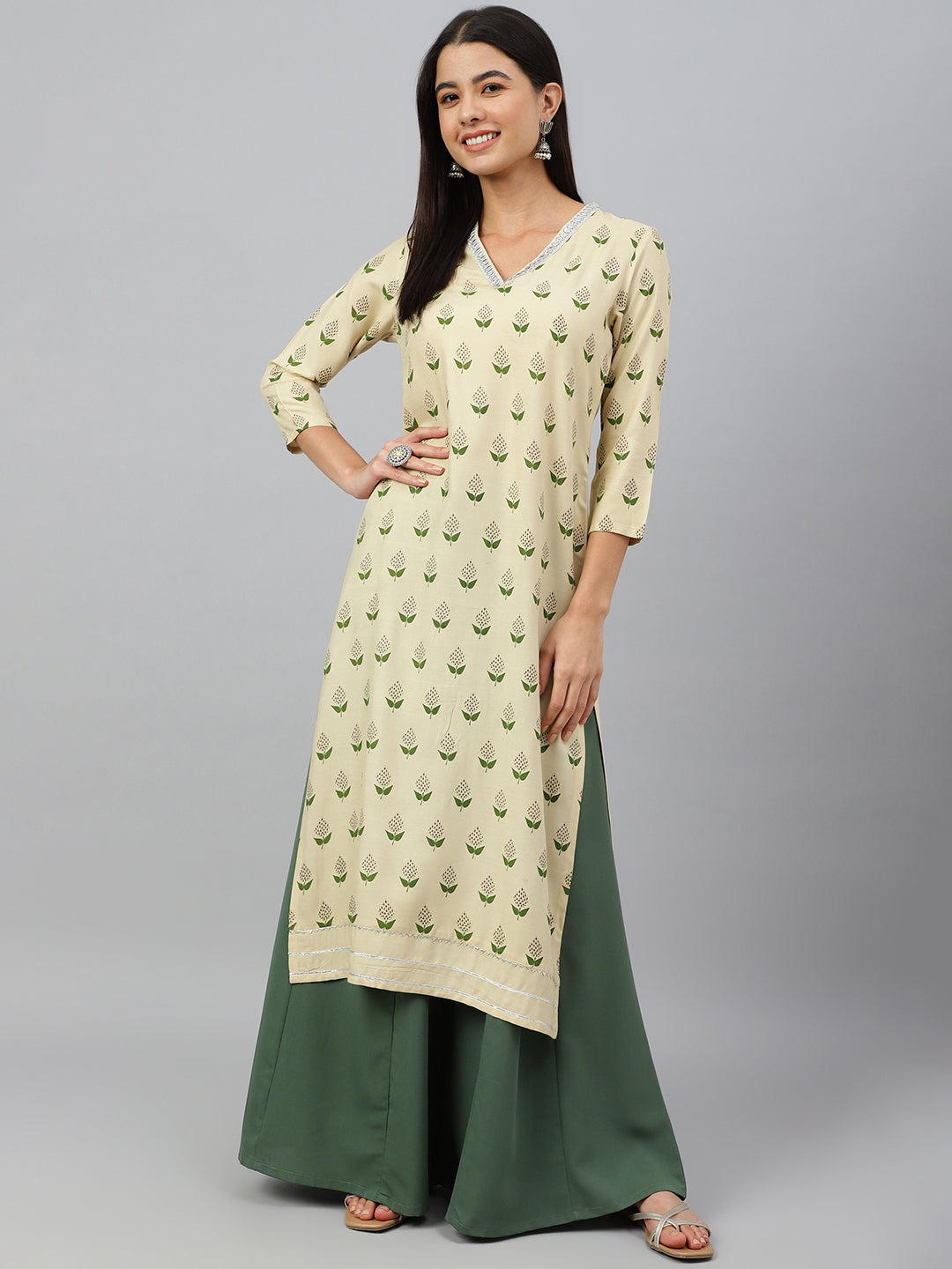 Janasya Women's Beige Rayon Botanical Print Festive Straight Kurta | Swadesiicart