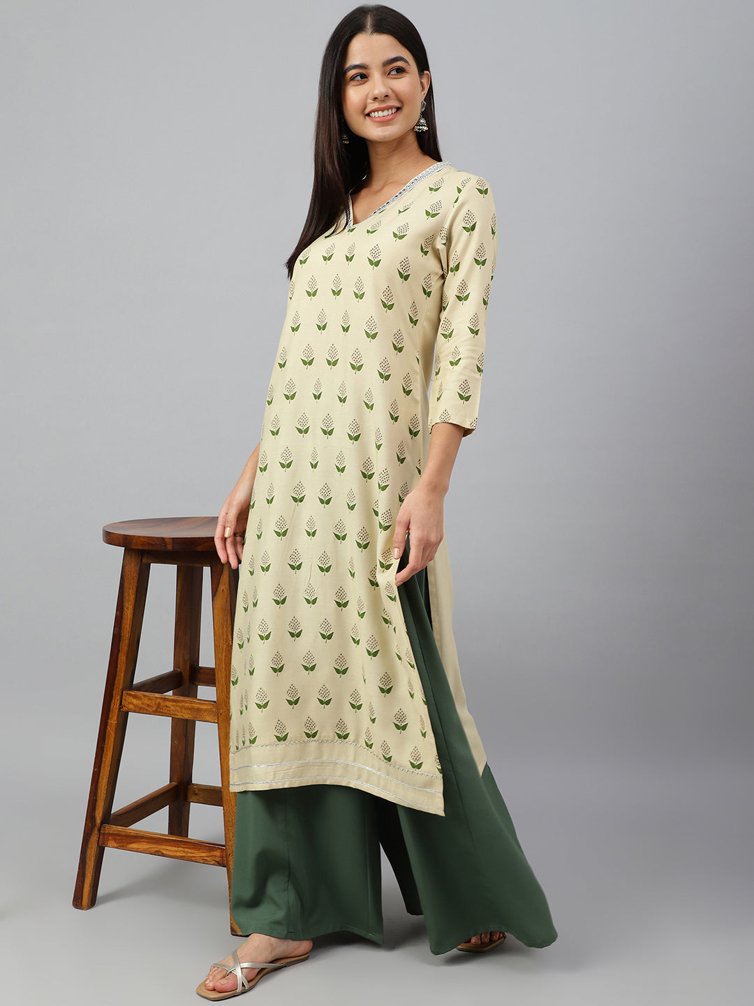 Janasya Women's Beige Rayon Botanical Print Festive Straight Kurta | Swadesiicart