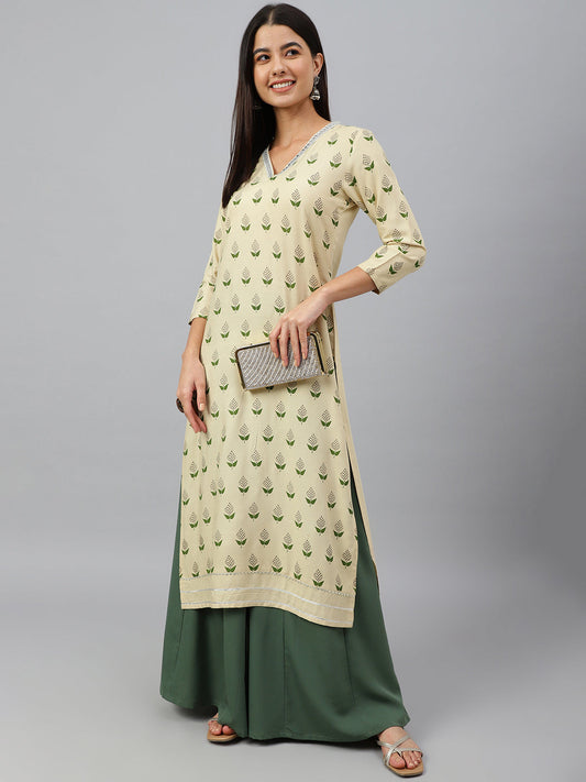 Janasya Women's Beige Rayon Botanical Print Festive Straight Kurta | Swadesiicart