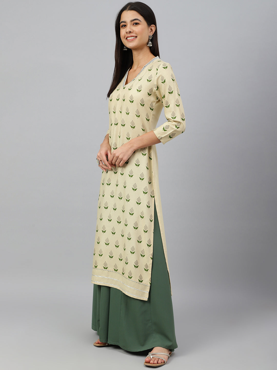 Janasya Women's Beige Rayon Botanical Print Festive Straight Kurta | Swadesiicart