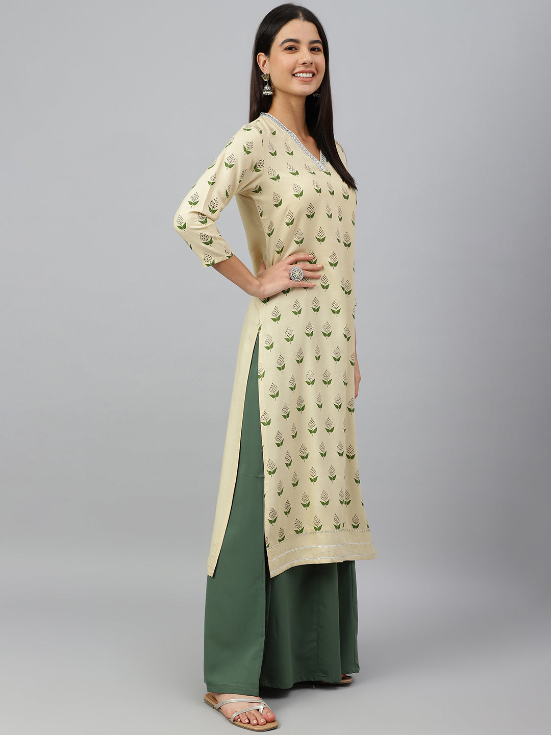 Janasya Women's Beige Rayon Botanical Print Festive Straight Kurta | Swadesiicart
