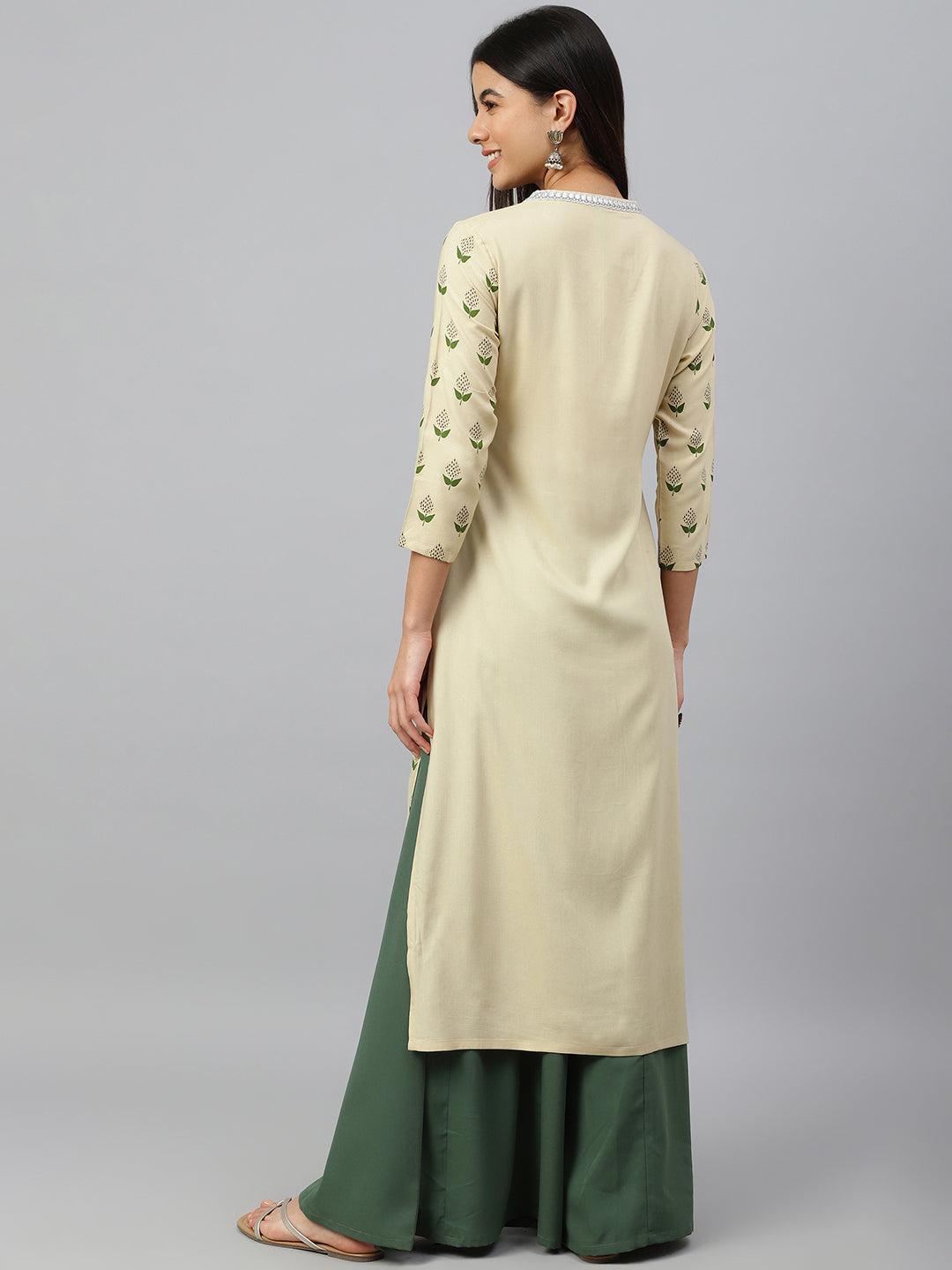 Janasya Women's Beige Rayon Botanical Print Festive Straight Kurta | Swadesiicart