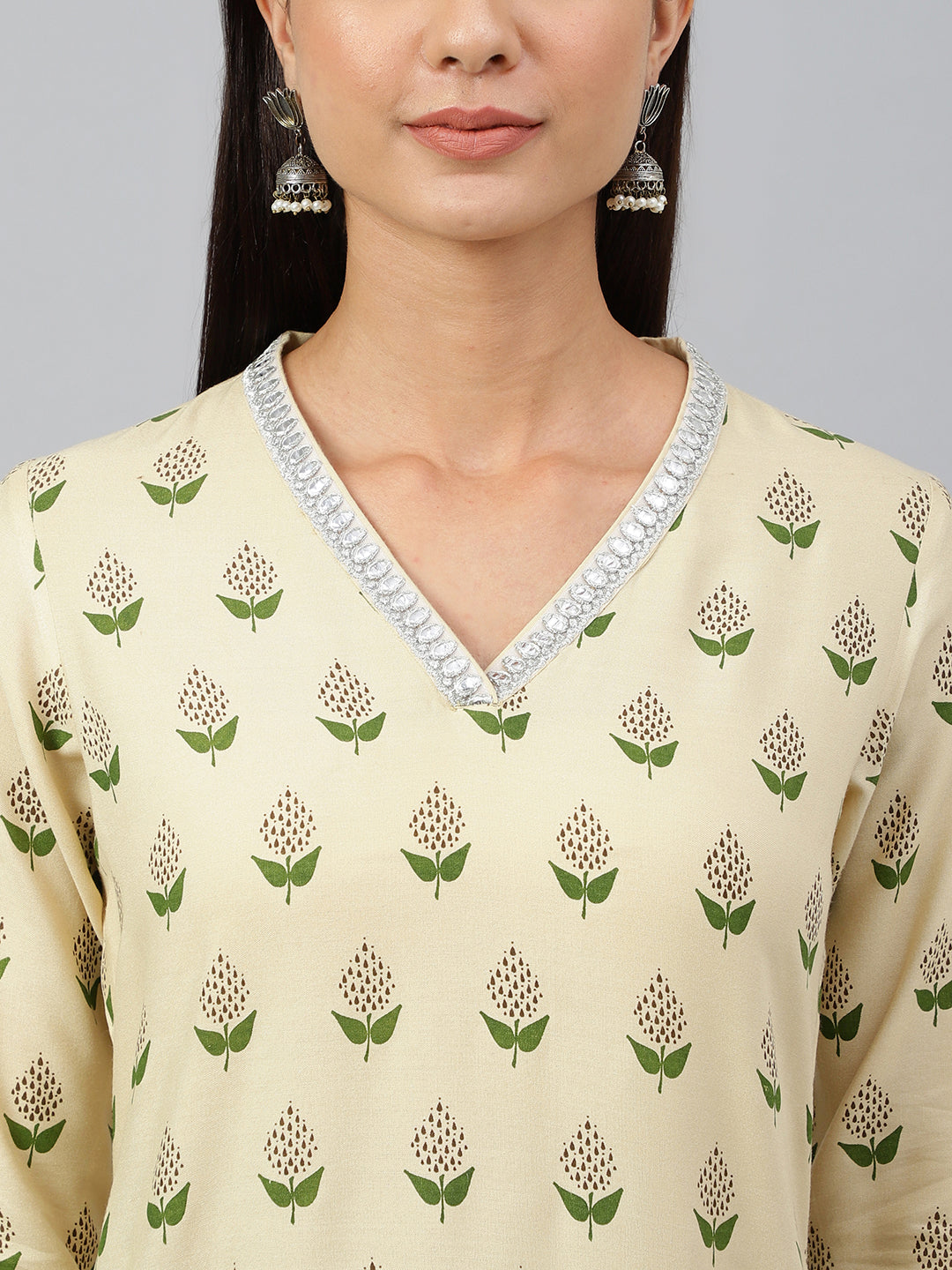 Janasya Women's Beige Rayon Botanical Print Festive Straight Kurta | Swadesiicart