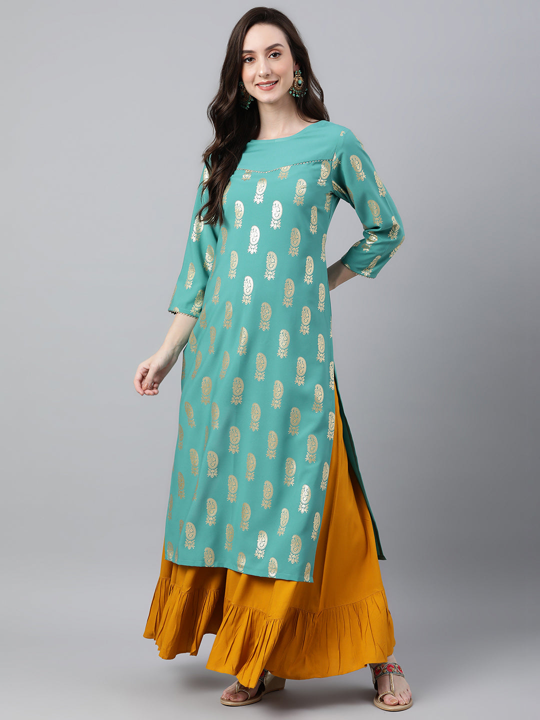 Janasya Women's Sea Green Crepe Floral Foil Print Casual Straight Kurta | Swadesiicart