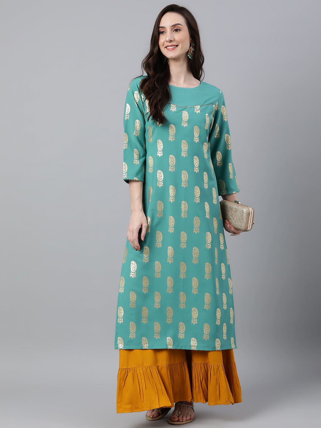 Janasya Women's Sea Green Crepe Floral Foil Print Casual Straight Kurta | Swadesiicart