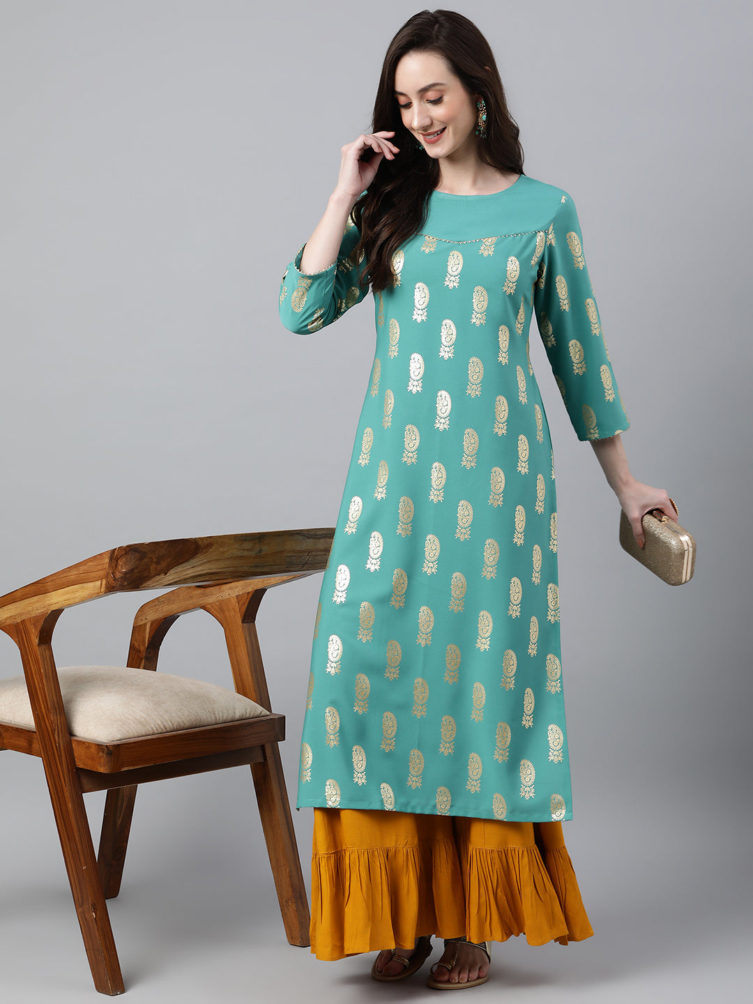 Janasya Women's Sea Green Crepe Floral Foil Print Casual Straight Kurta | Swadesiicart