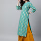 Janasya Women's Sea Green Crepe Floral Foil Print Casual Straight Kurta | Swadesiicart