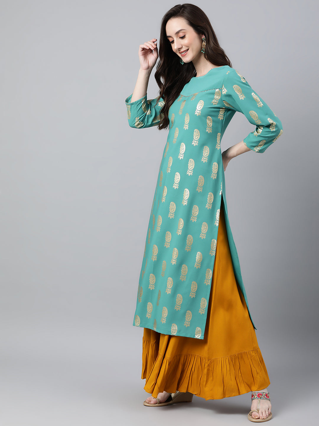 Janasya Women's Sea Green Crepe Floral Foil Print Casual Straight Kurta | Swadesiicart