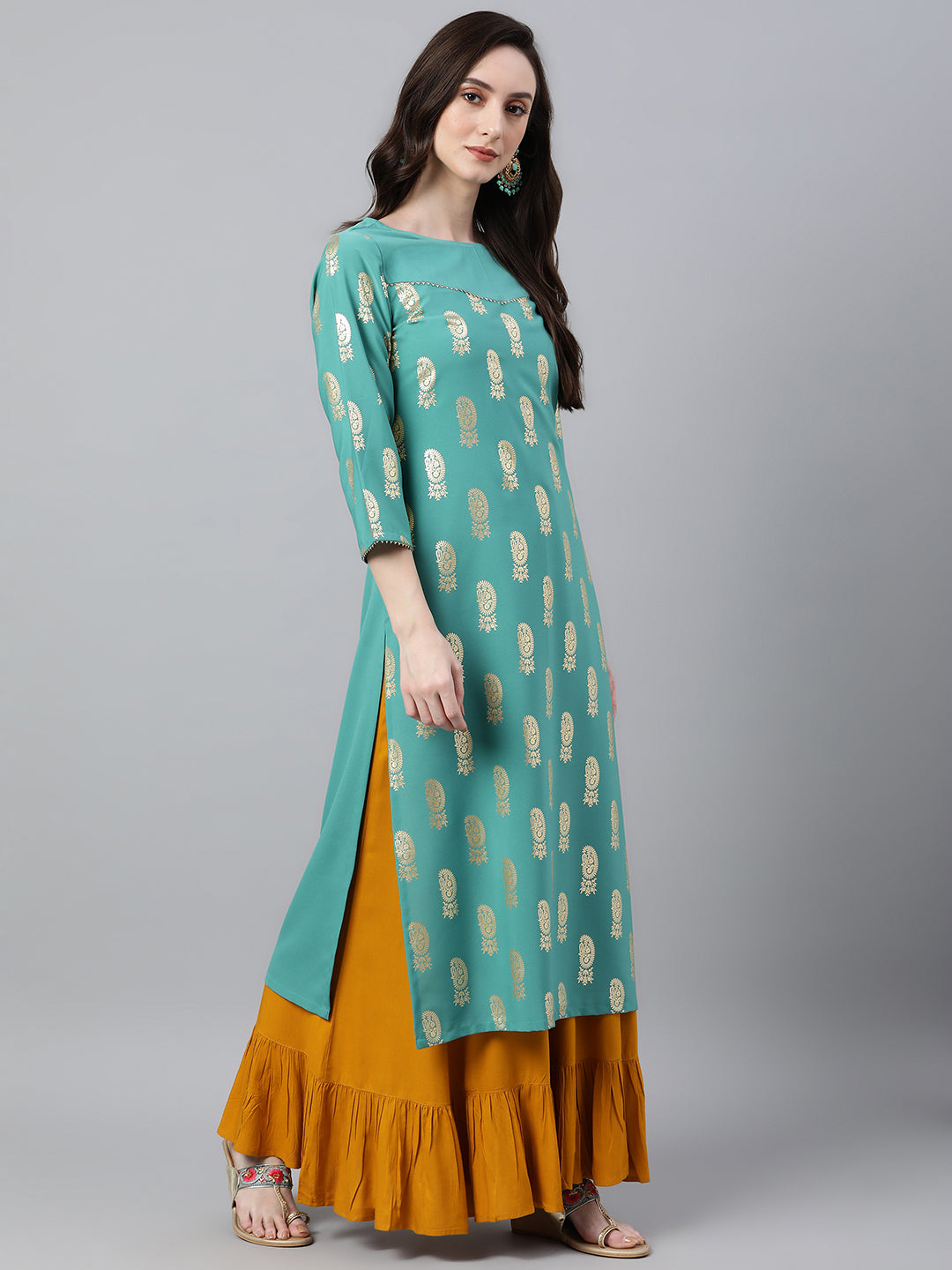 Janasya Women's Sea Green Crepe Floral Foil Print Casual Straight Kurta | Swadesiicart