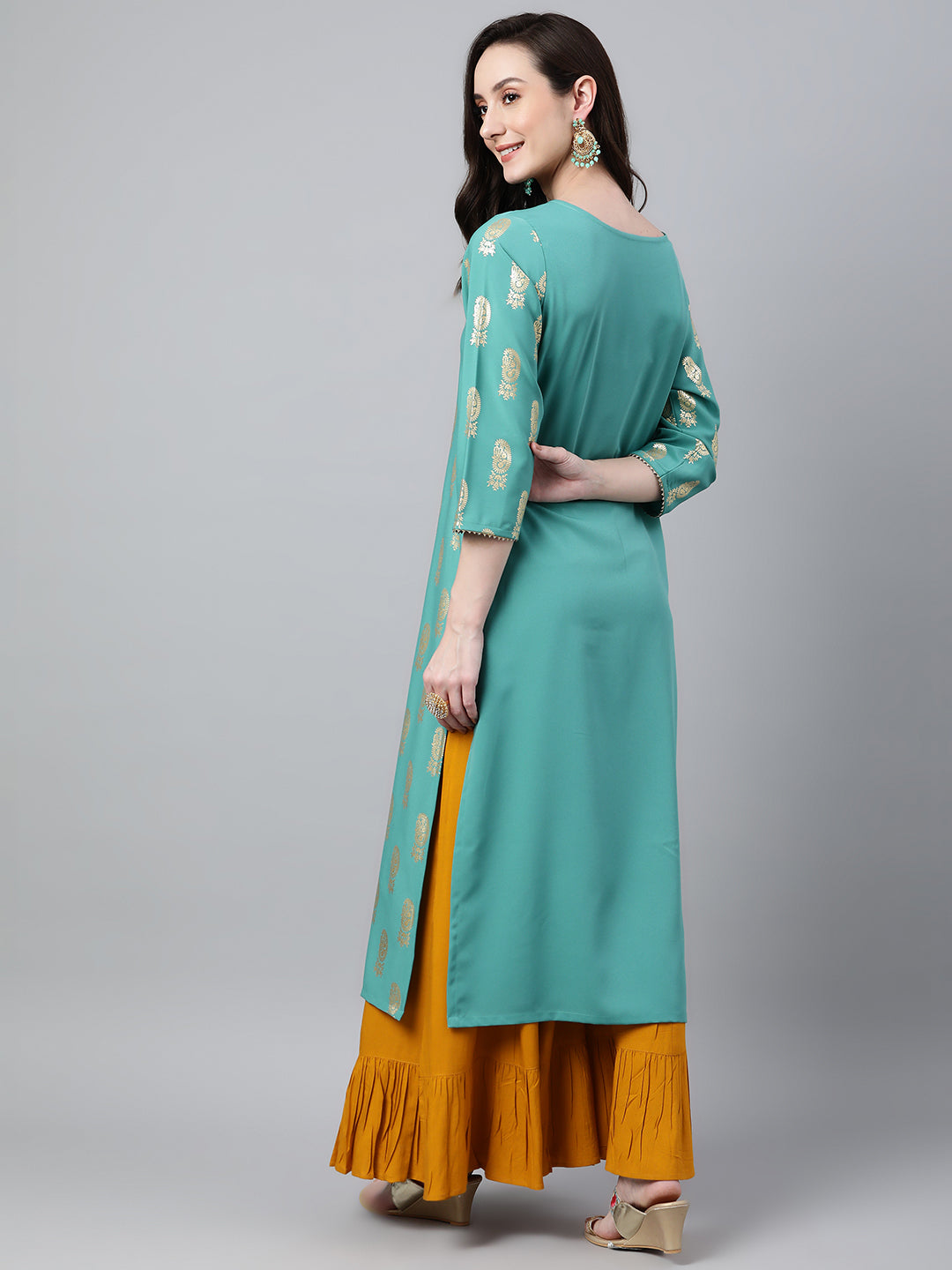 Janasya Women's Sea Green Crepe Floral Foil Print Casual Straight Kurta | Swadesiicart