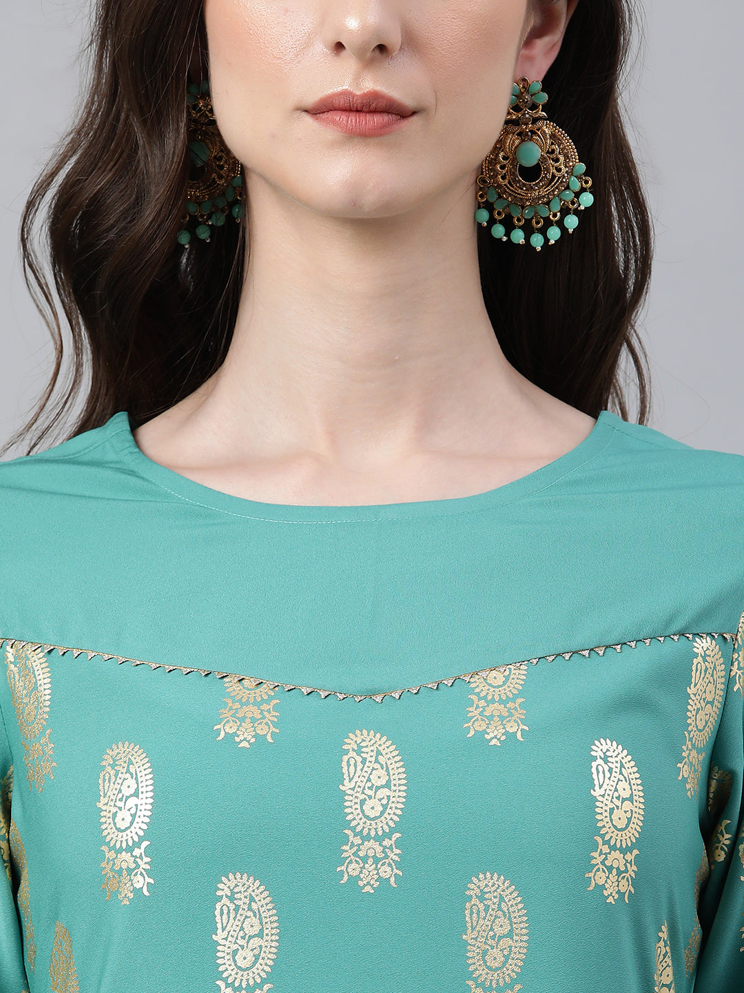 Janasya Women's Sea Green Crepe Floral Foil Print Casual Straight Kurta | Swadesiicart