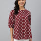 Janasya Women's Wine Cotton Ethnic Motifs A-line Top | Swadesiicart