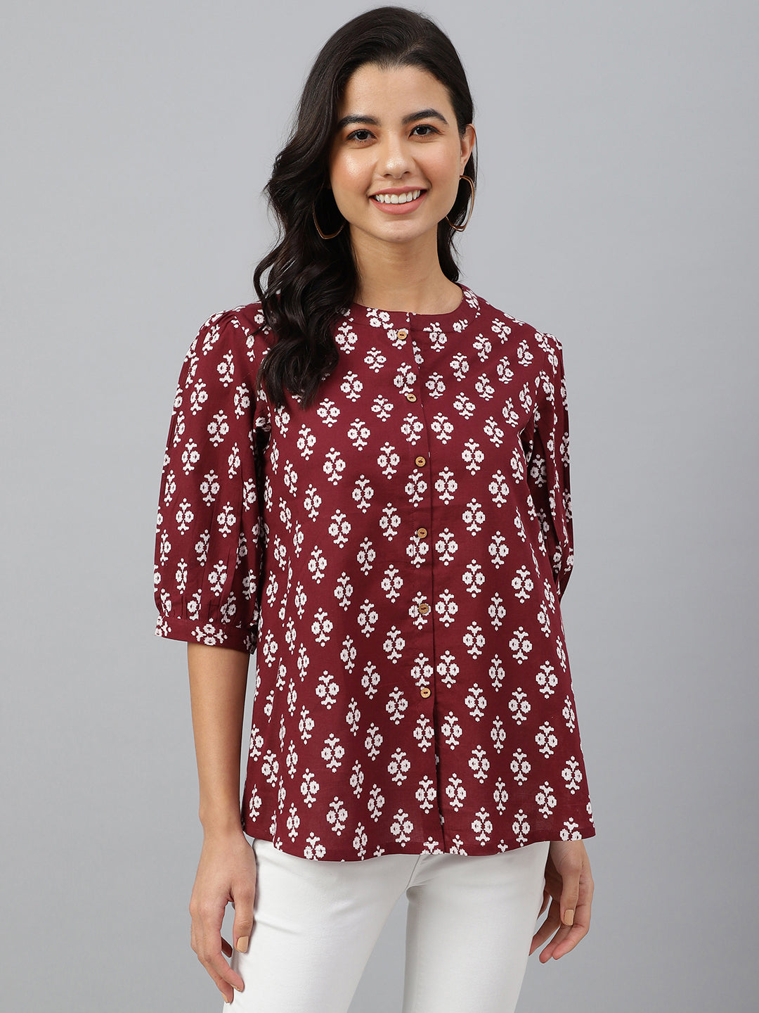 Janasya Women's Wine Cotton Ethnic Motifs A-line Top | Swadesiicart