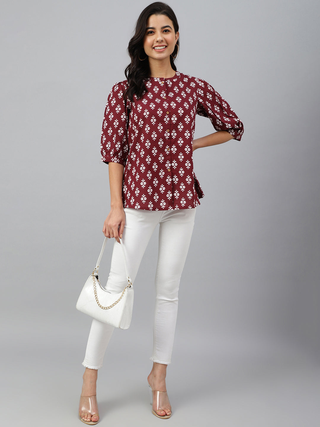 Janasya Women's Wine Cotton Ethnic Motifs A-line Top | Swadesiicart