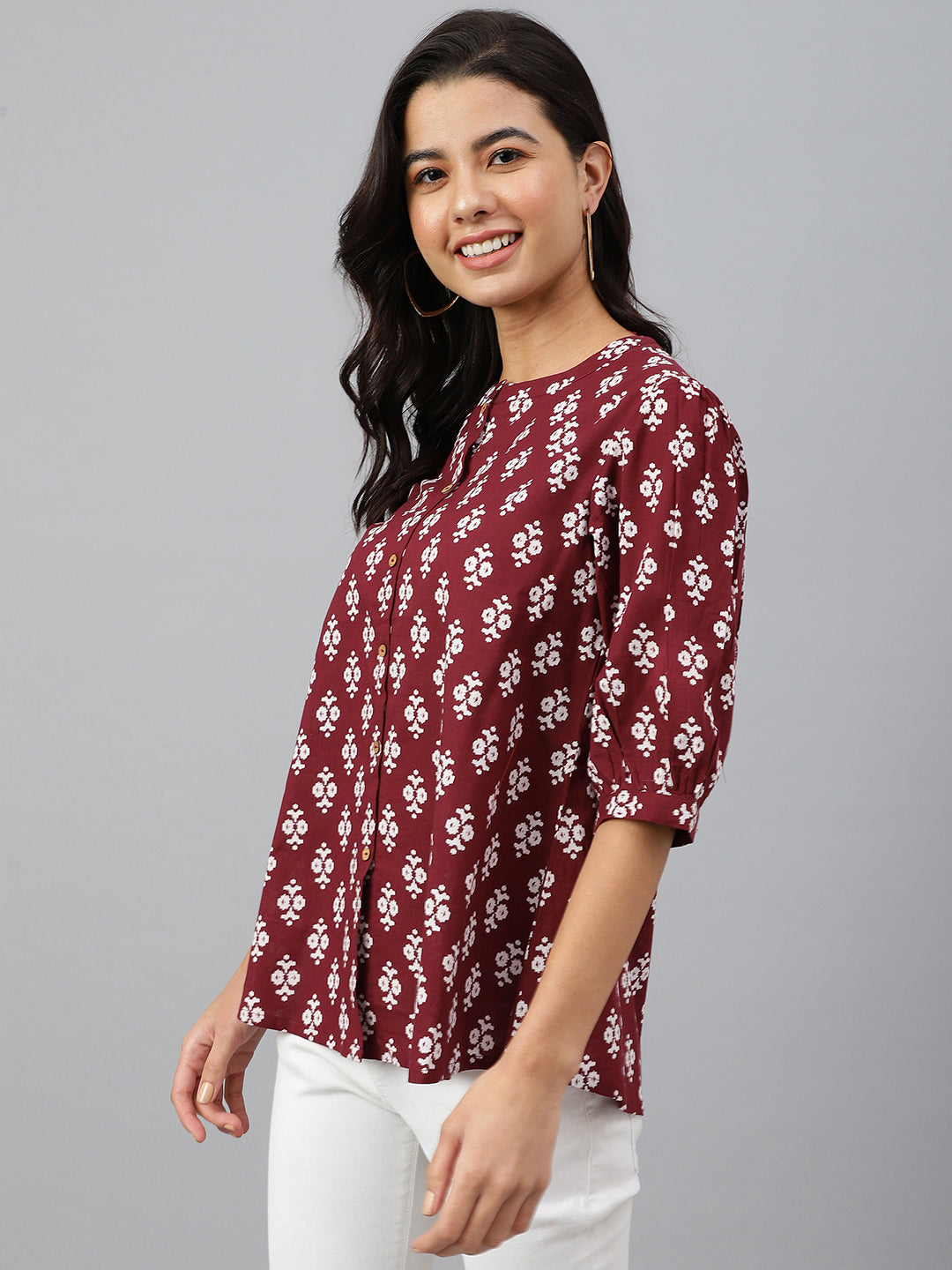 Janasya Women's Wine Cotton Ethnic Motifs A-line Top | Swadesiicart