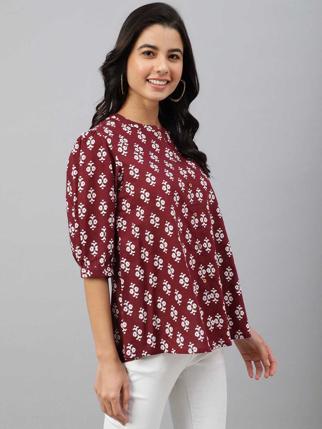 Janasya Women's Wine Cotton Ethnic Motifs A-line Top | Swadesiicart