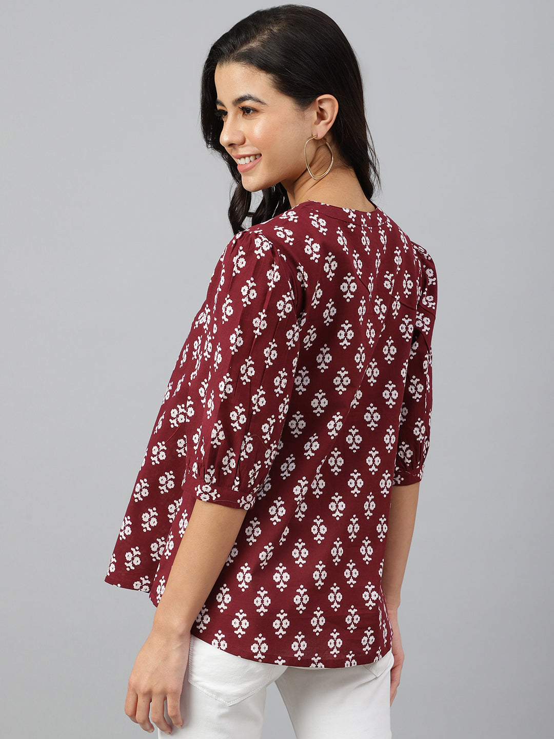 Janasya Women's Wine Cotton Ethnic Motifs A-line Top | Swadesiicart