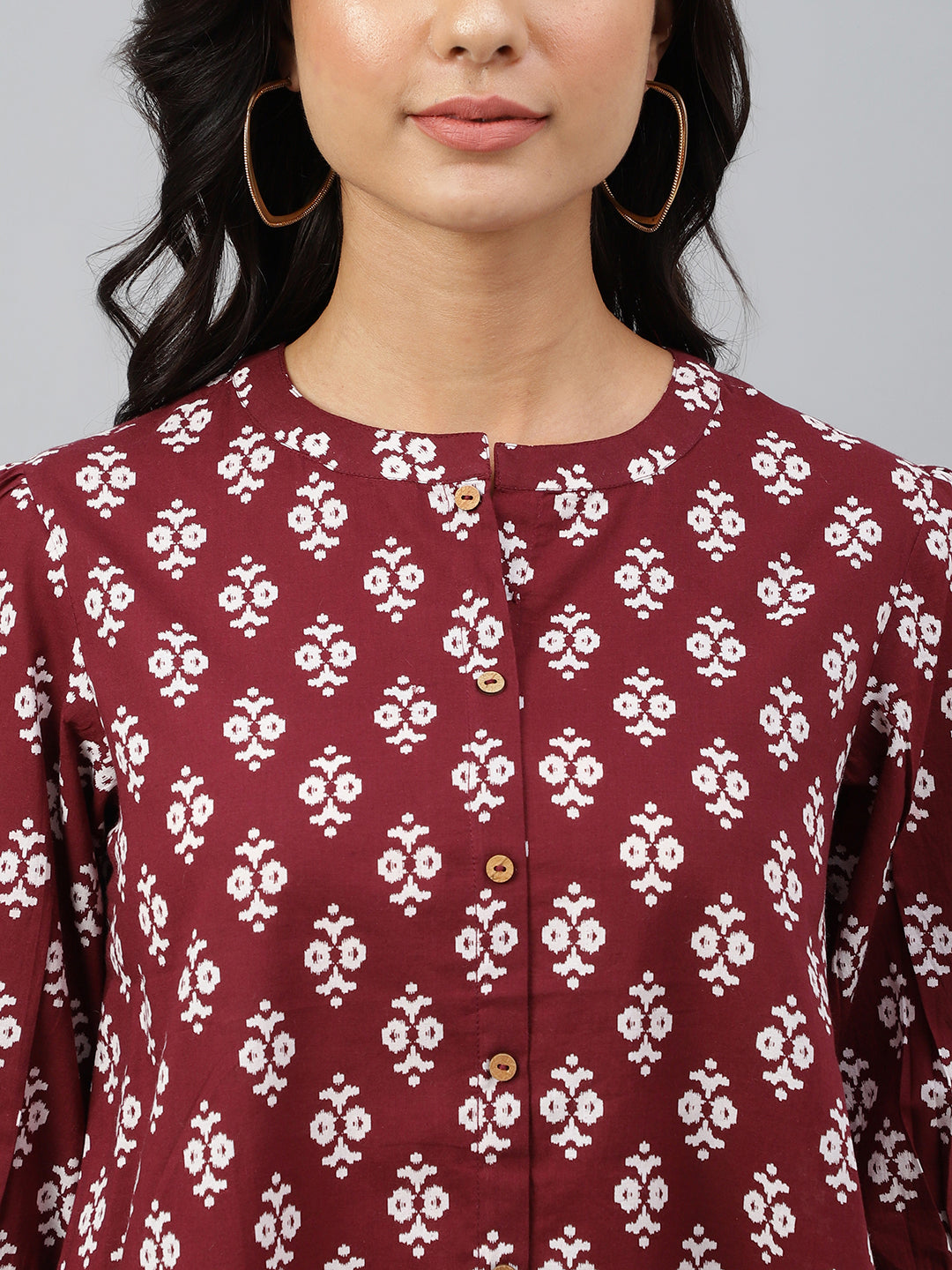 Janasya Women's Wine Cotton Ethnic Motifs A-line Top | Swadesiicart