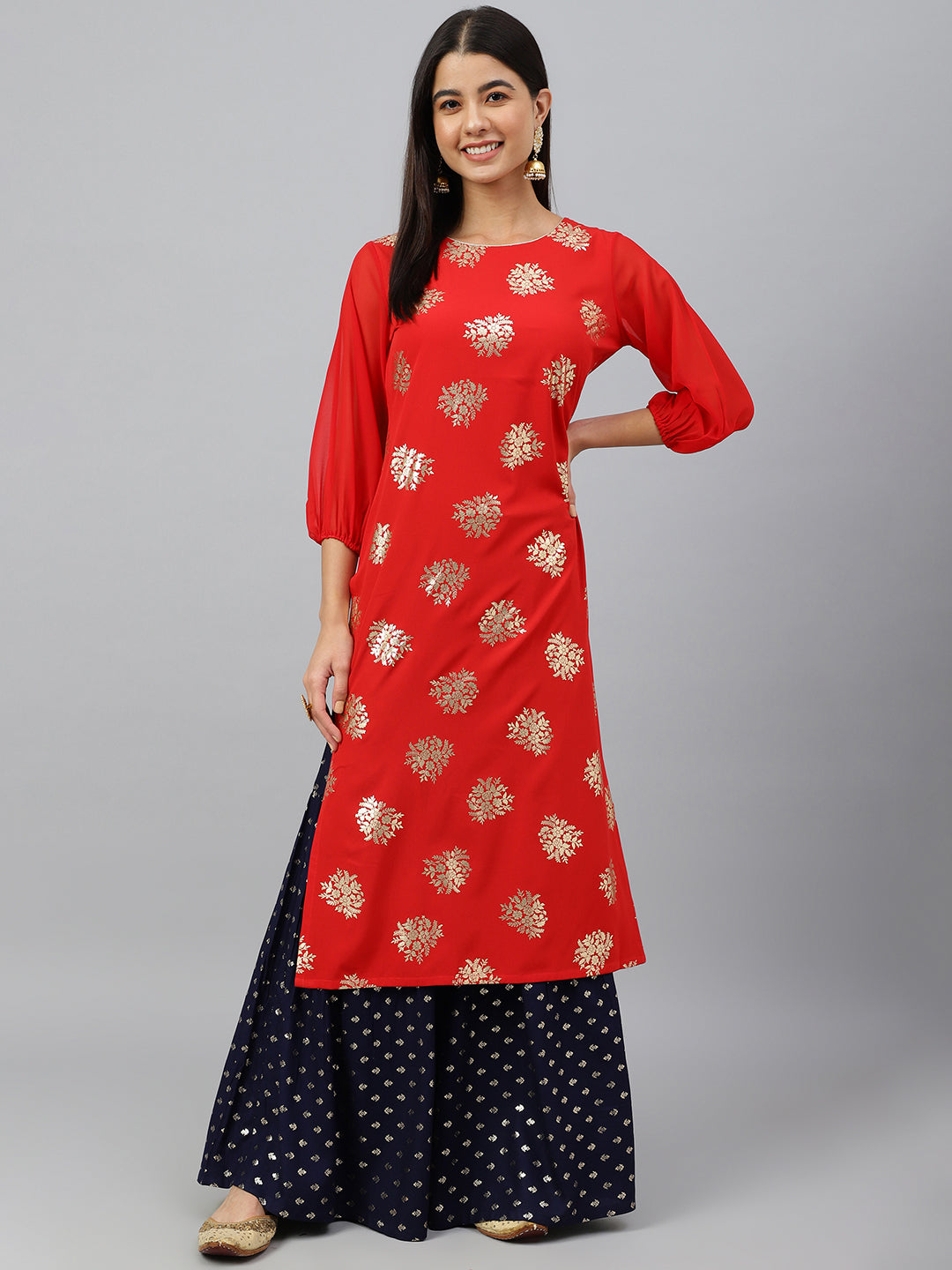Indian Clothing Janasya Women's Red Crepe Floral Foil Print Casual Straight Kurta | Swadesiicart
