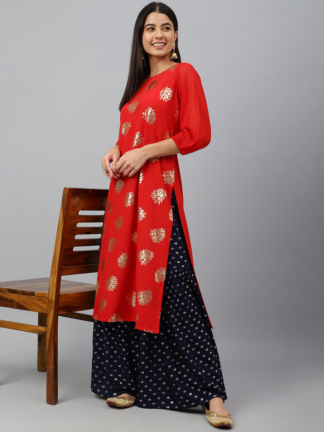 Indian Clothing Janasya Women's Red Crepe Floral Foil Print Casual Straight Kurta | Swadesiicart