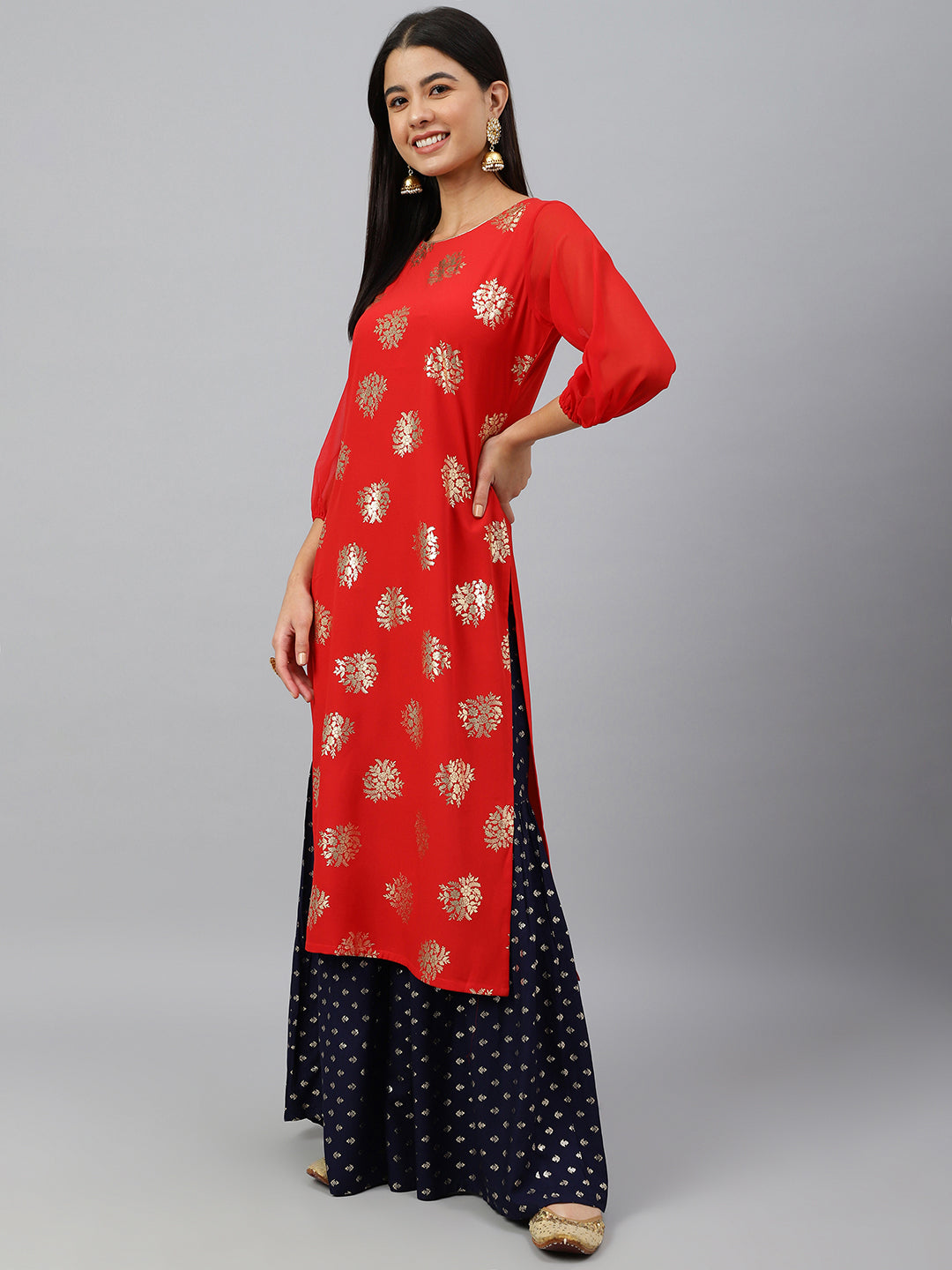 Indian Clothing Janasya Women's Red Crepe Floral Foil Print Casual Straight Kurta | Swadesiicart