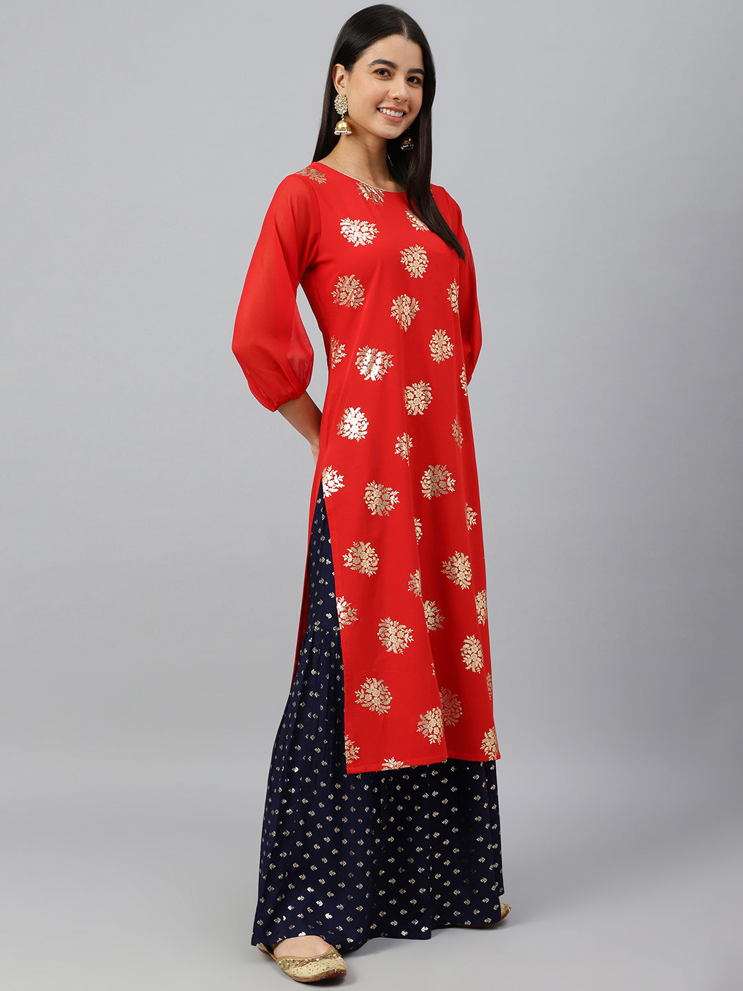 Indian Clothing Janasya Women's Red Crepe Floral Foil Print Casual Straight Kurta | Swadesiicart