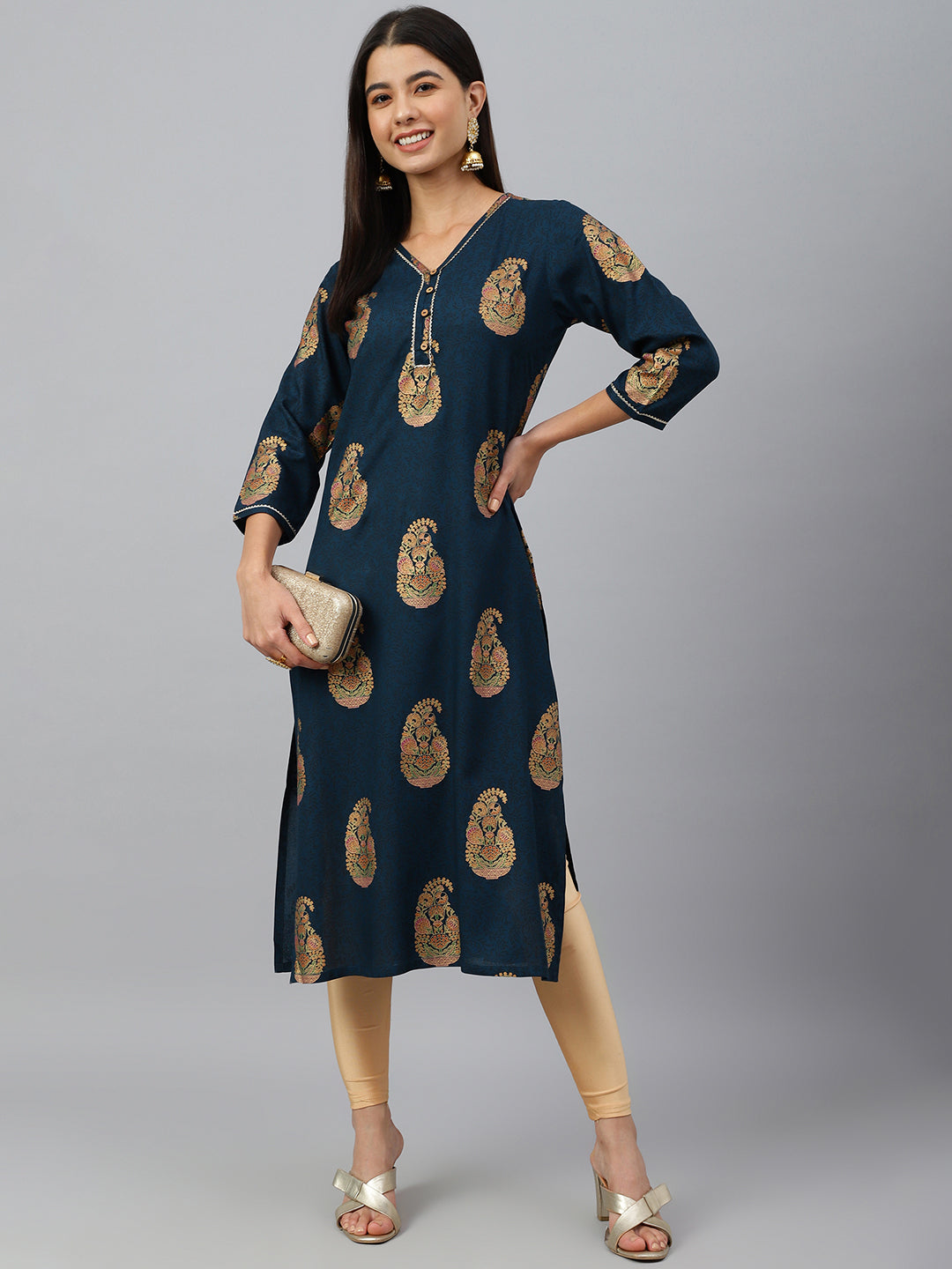 Janasya Women's Teal Blue Rayon Paisley Foil Print Casual Straight Kurta - Swadesiicart