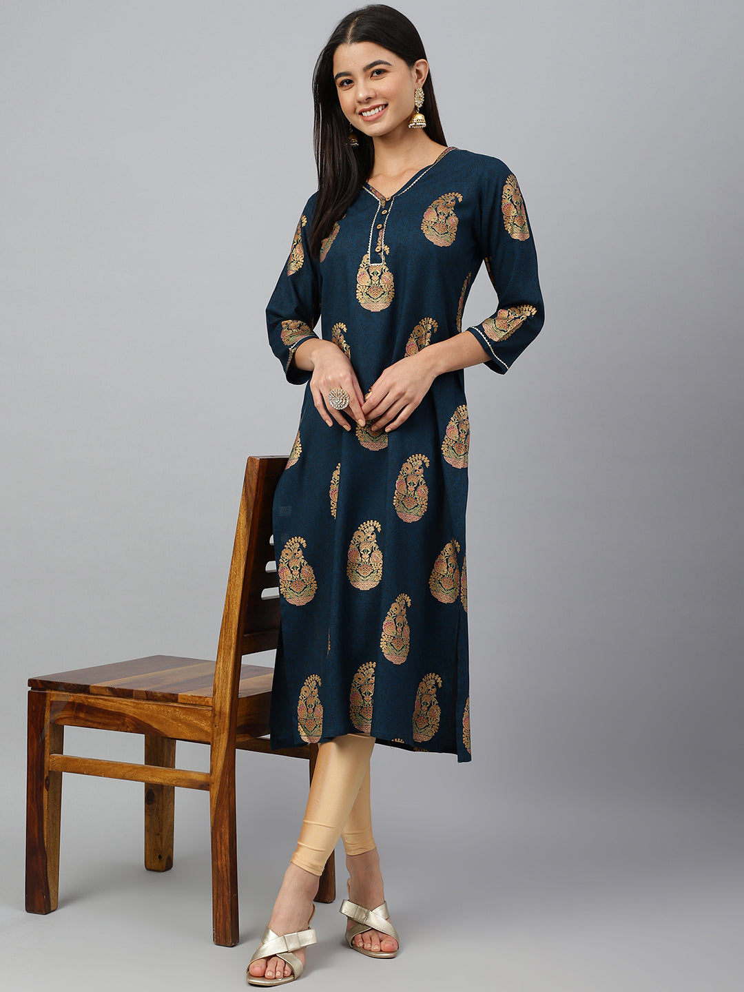 Janasya Women's Teal Blue Rayon Paisley Foil Print Casual Straight Kurta - Swadesiicart