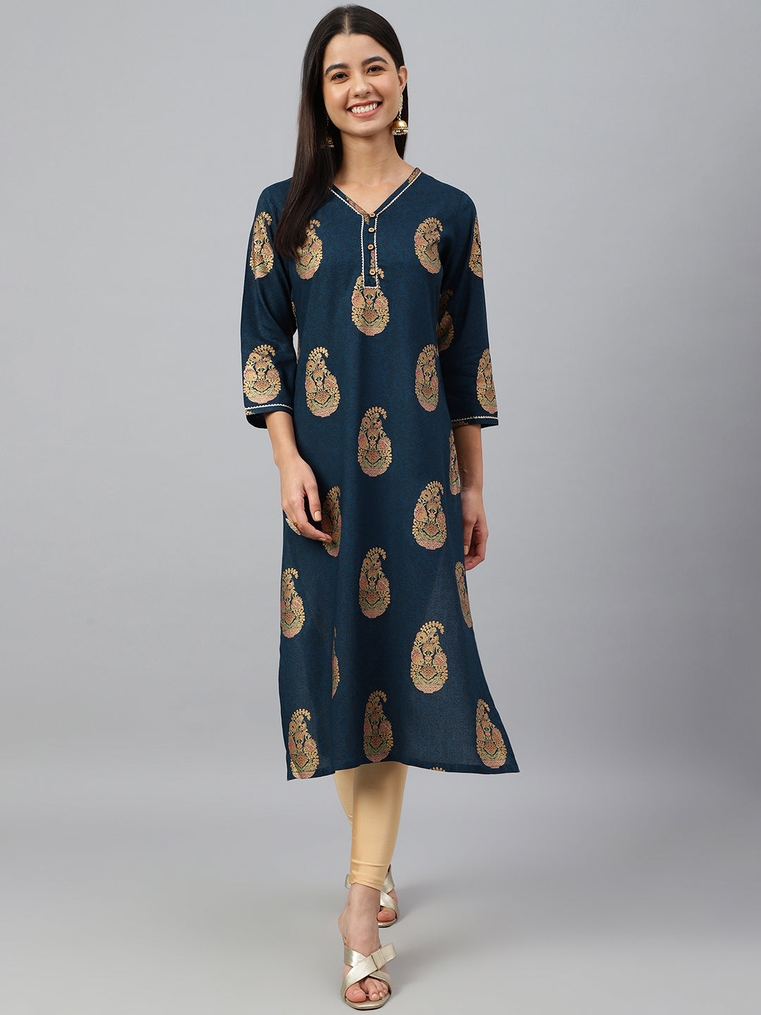 Janasya Women's Teal Blue Rayon Paisley Foil Print Casual Straight Kurta - Swadesiicart