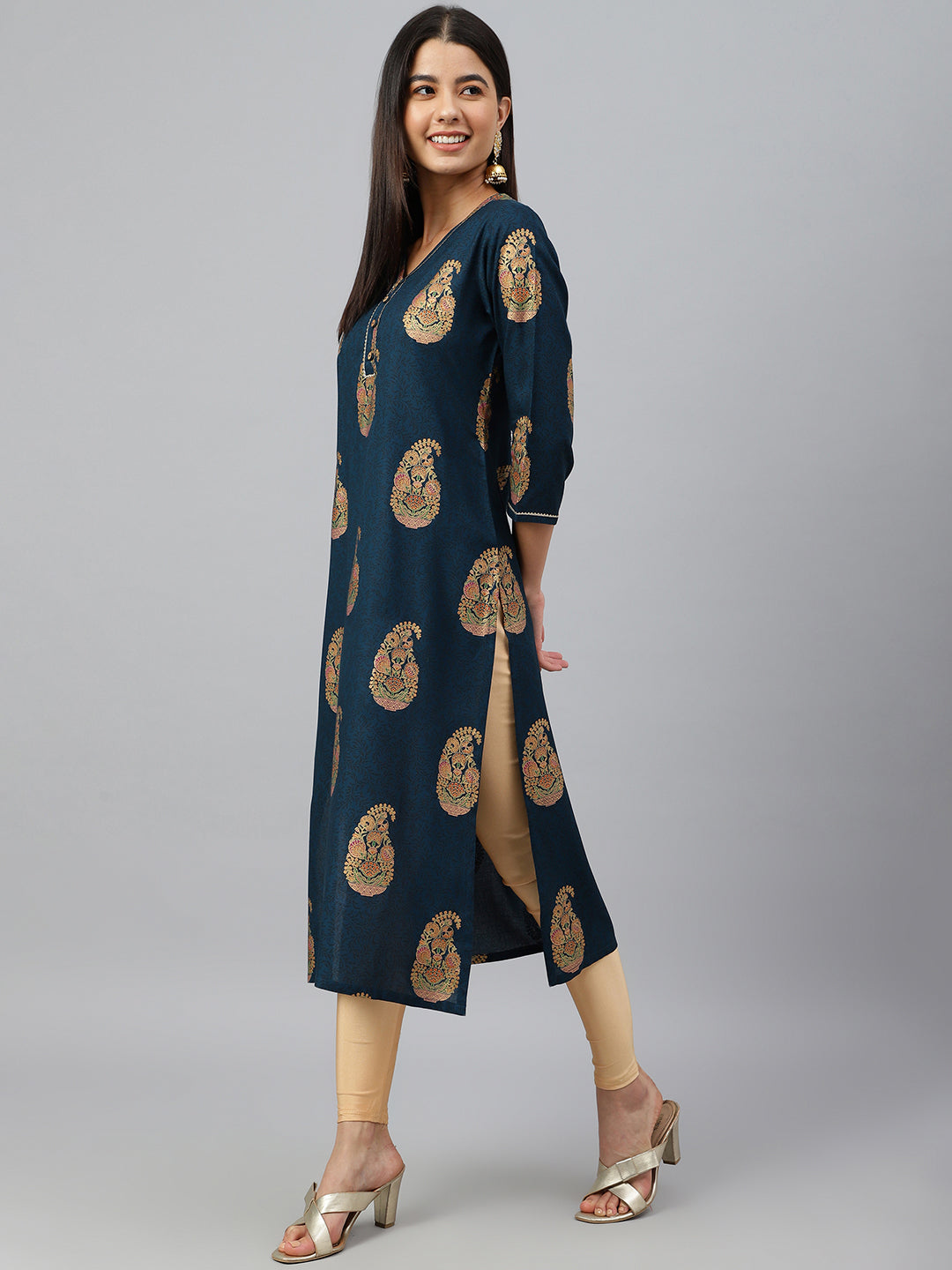 Janasya Women's Teal Blue Rayon Paisley Foil Print Casual Straight Kurta - Swadesiicart