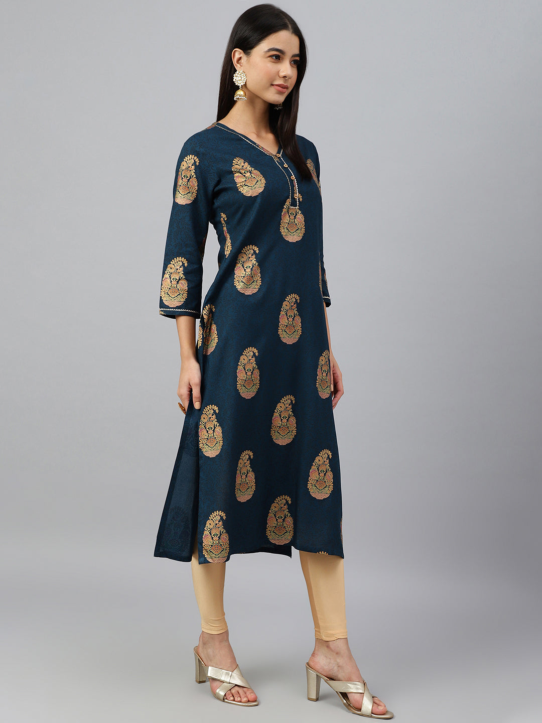 Janasya Women's Teal Blue Rayon Paisley Foil Print Casual Straight Kurta - Swadesiicart