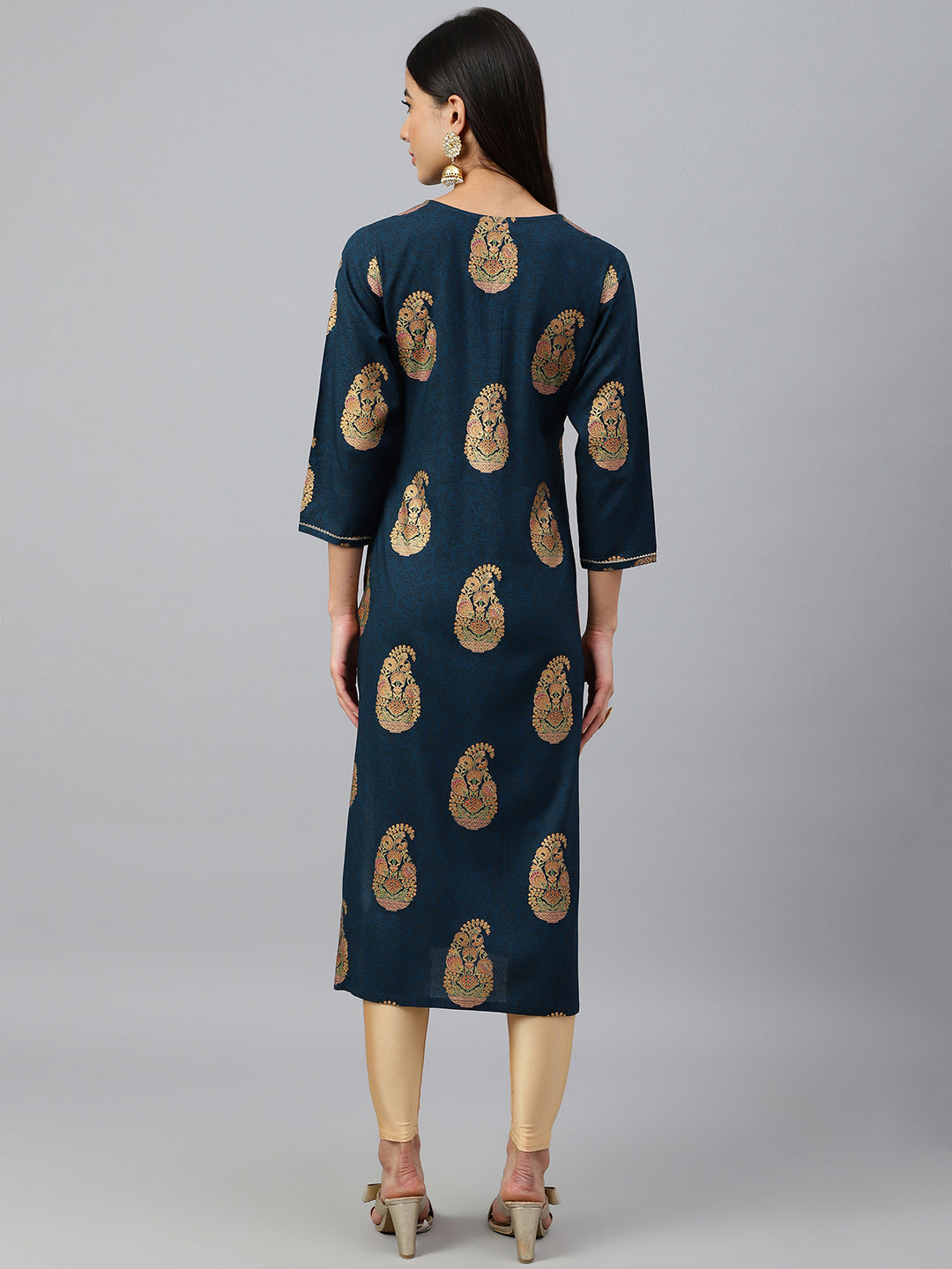 Janasya Women's Teal Blue Rayon Paisley Foil Print Casual Straight Kurta - Swadesiicart
