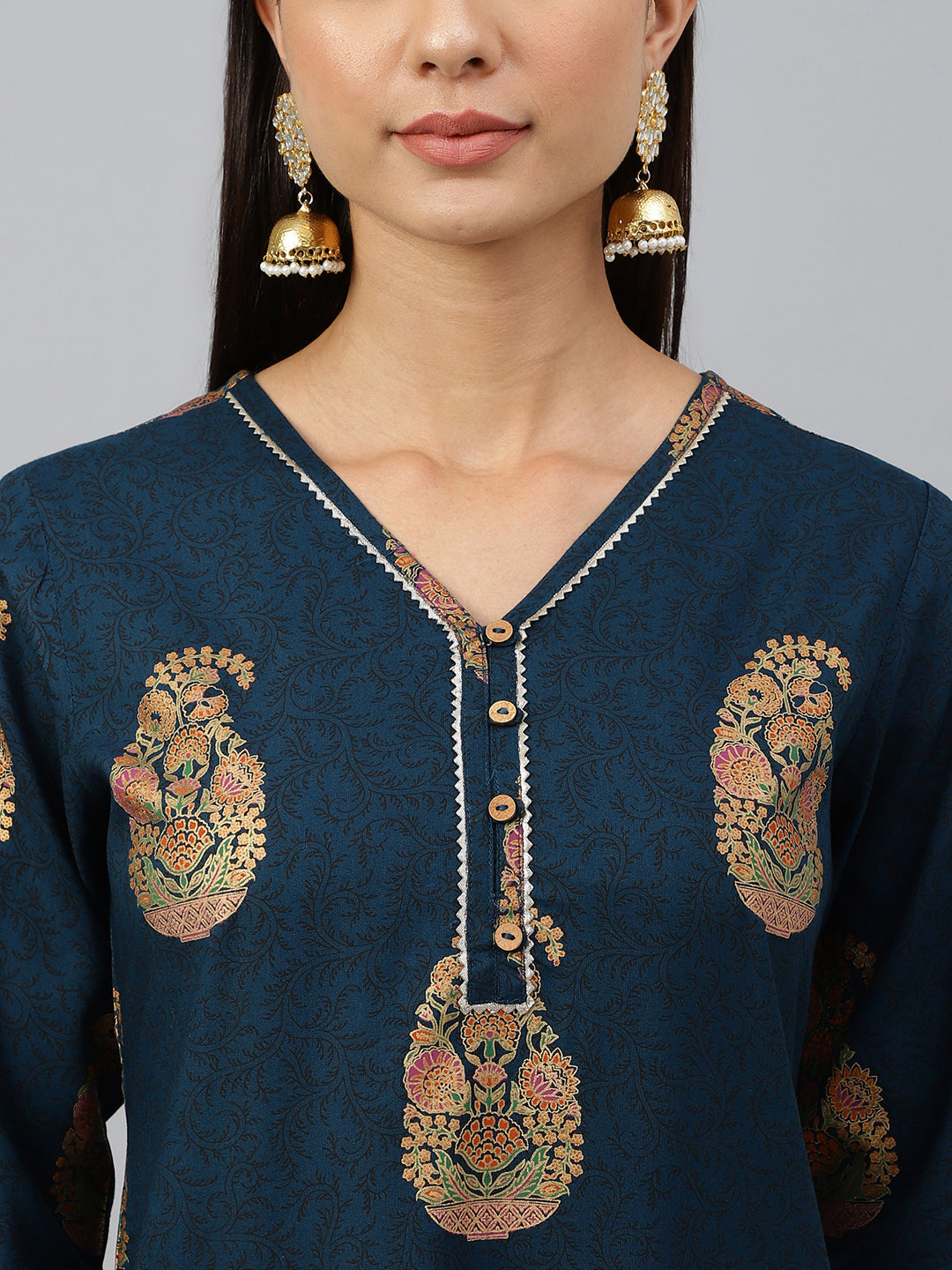 Janasya Women's Teal Blue Rayon Paisley Foil Print Casual Straight Kurta - Swadesiicart