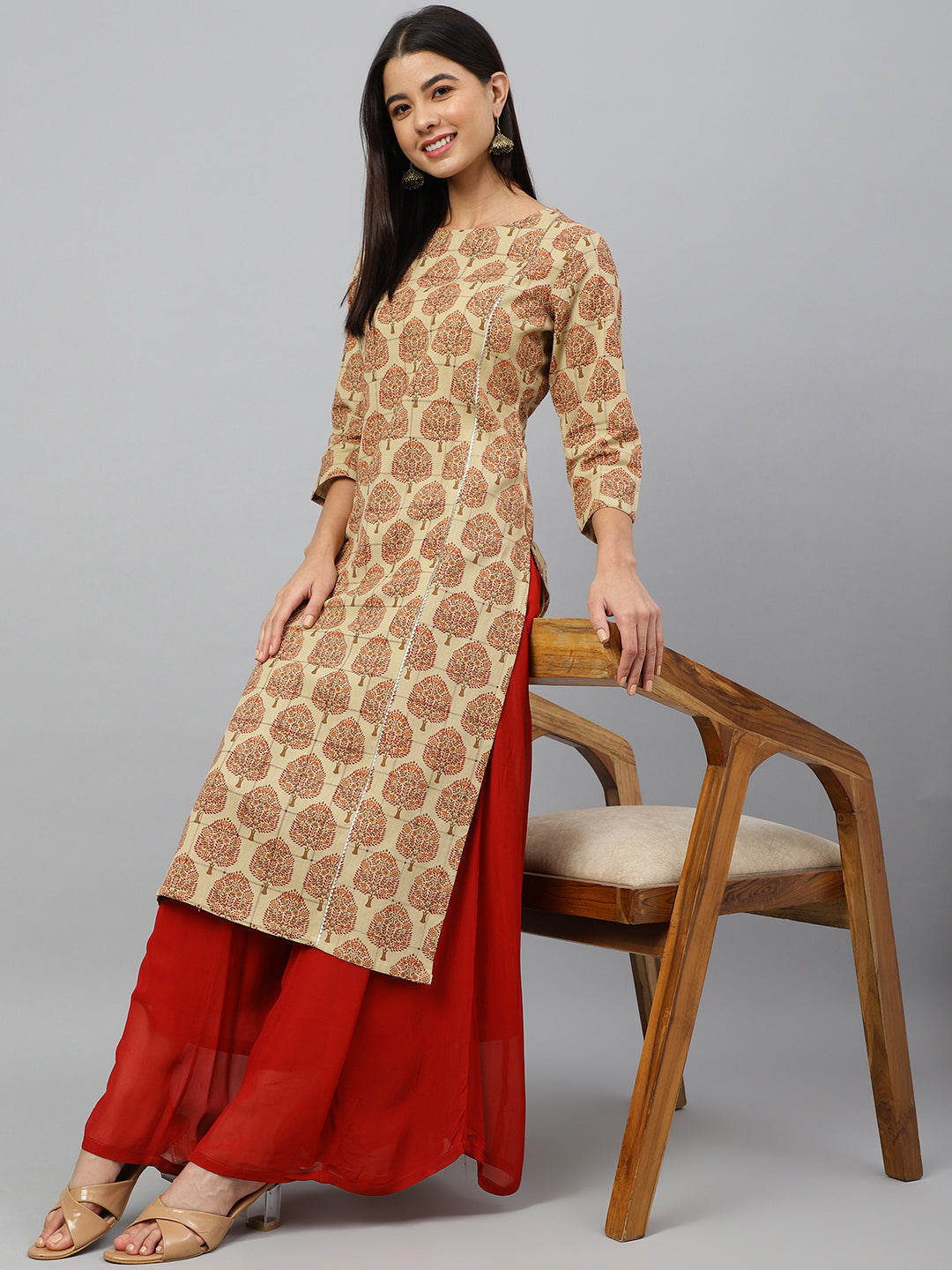 Janasya Women's Beige Cotton Ethnic motifs Casual Straight Kurta | Swadesiicart