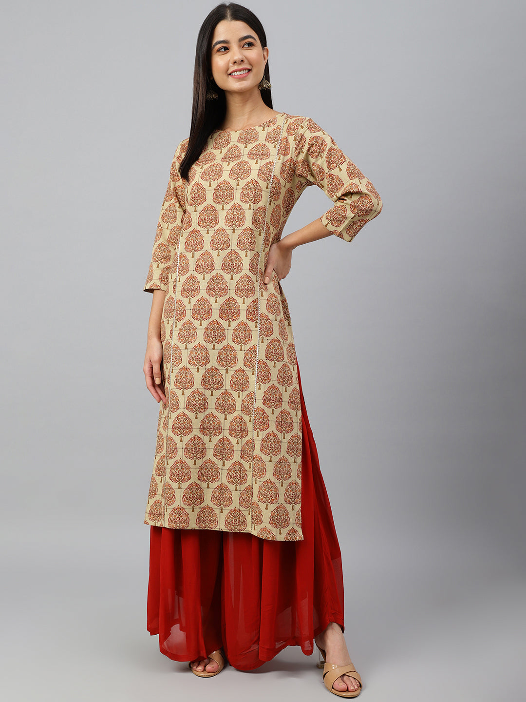 Janasya Women's Beige Cotton Ethnic motifs Casual Straight Kurta | Swadesiicart