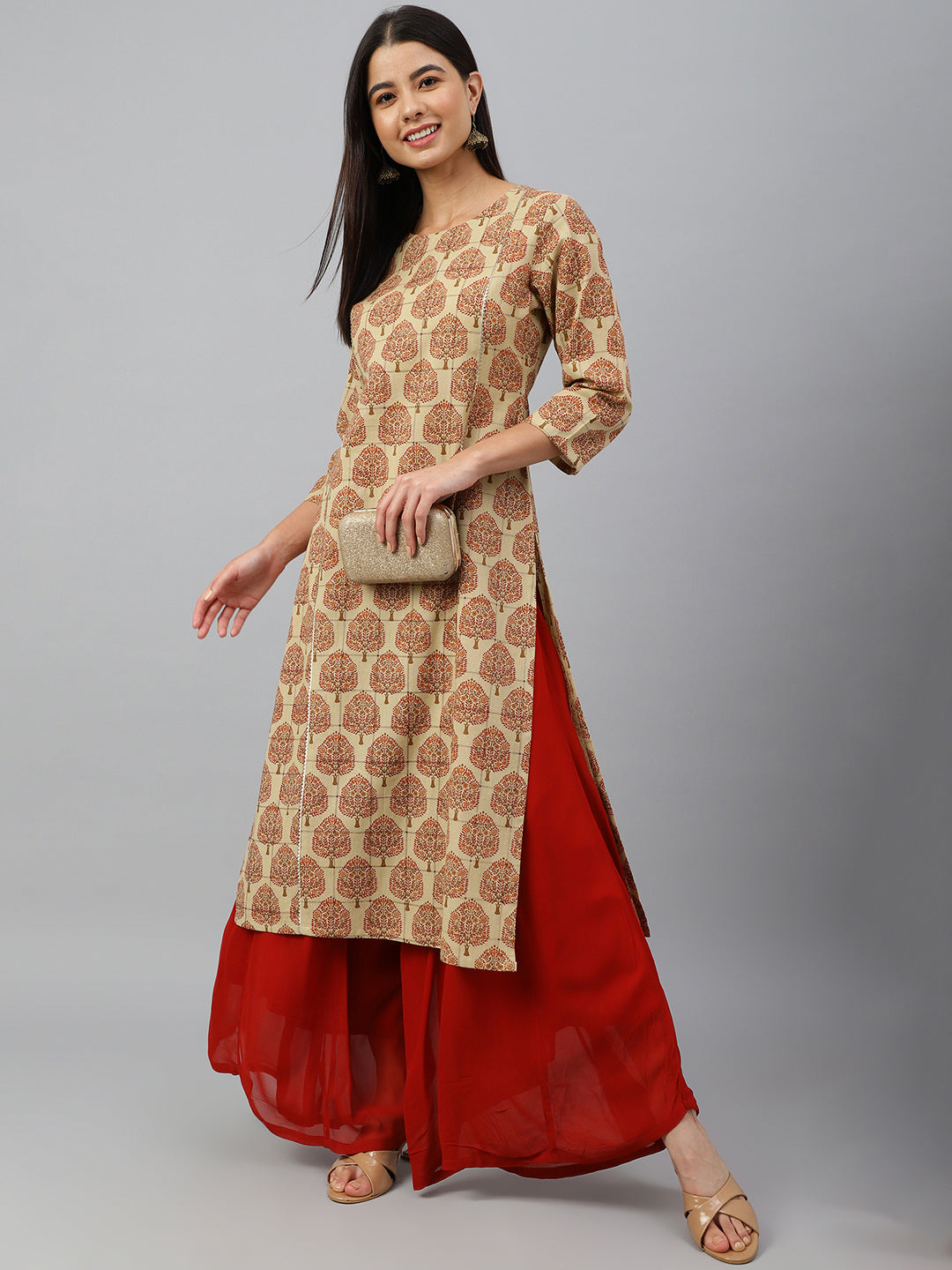 Janasya Women's Beige Cotton Ethnic motifs Casual Straight Kurta | Swadesiicart