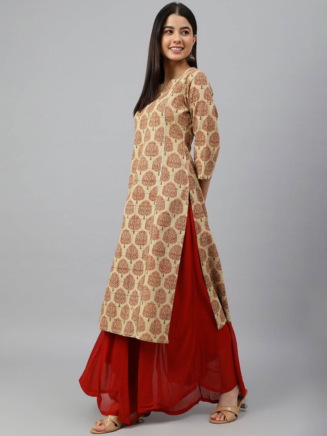 Janasya Women's Beige Cotton Ethnic motifs Casual Straight Kurta | Swadesiicart