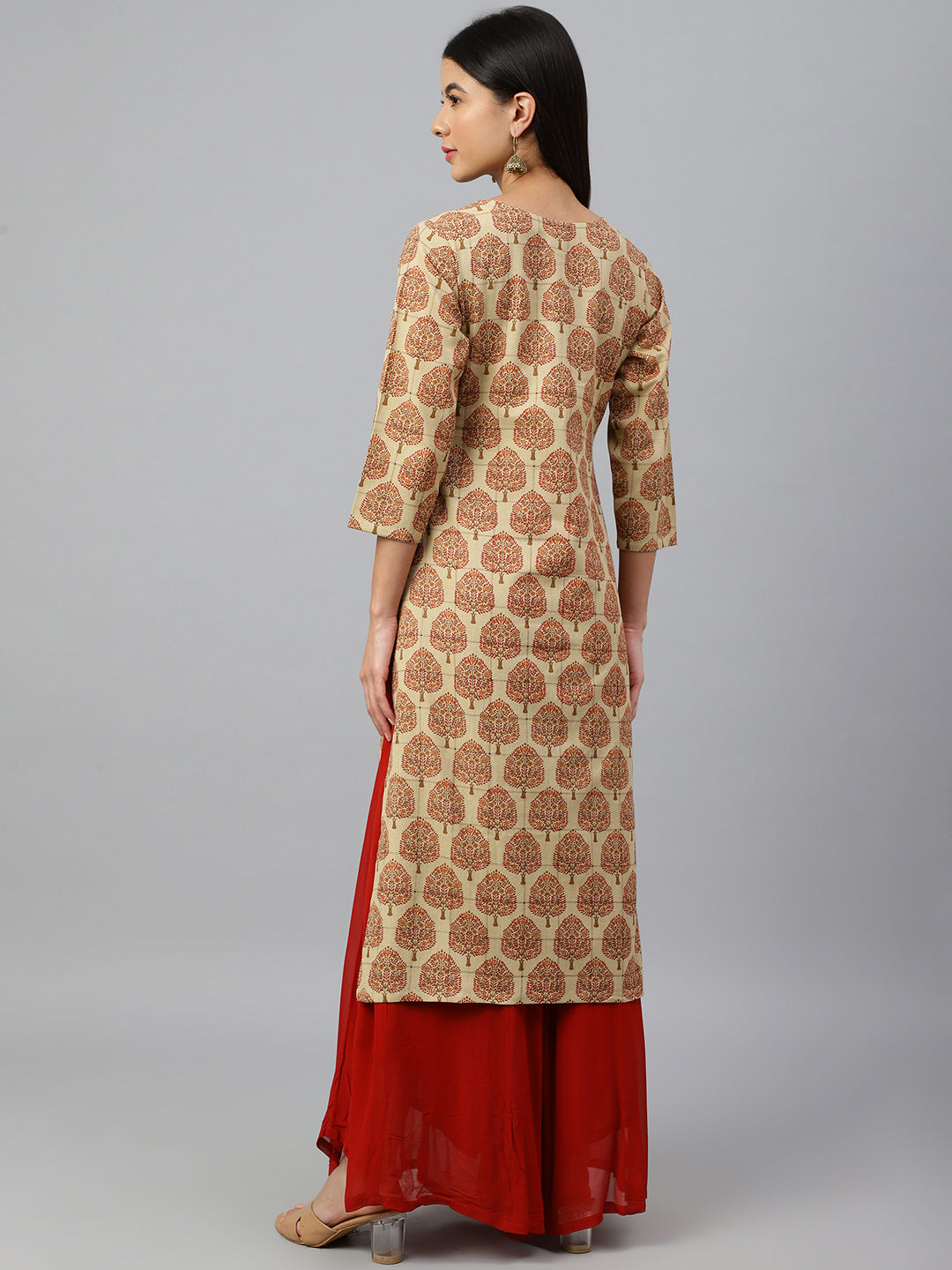 Janasya Women's Beige Cotton Ethnic motifs Casual Straight Kurta | Swadesiicart