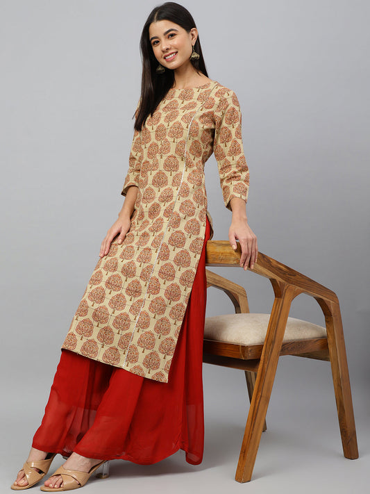 Janasya Women's Beige Cotton Ethnic motifs Casual Straight Kurta | Swadesiicart