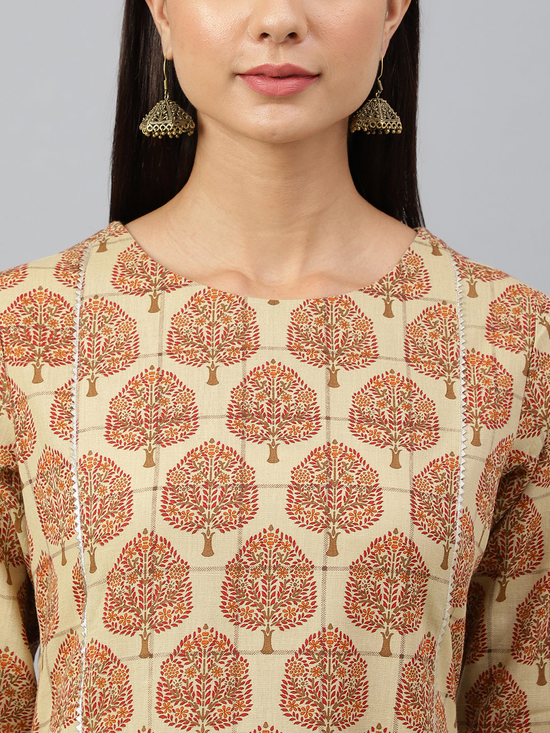 Janasya Women's Beige Cotton Ethnic motifs Casual Straight Kurta | Swadesiicart