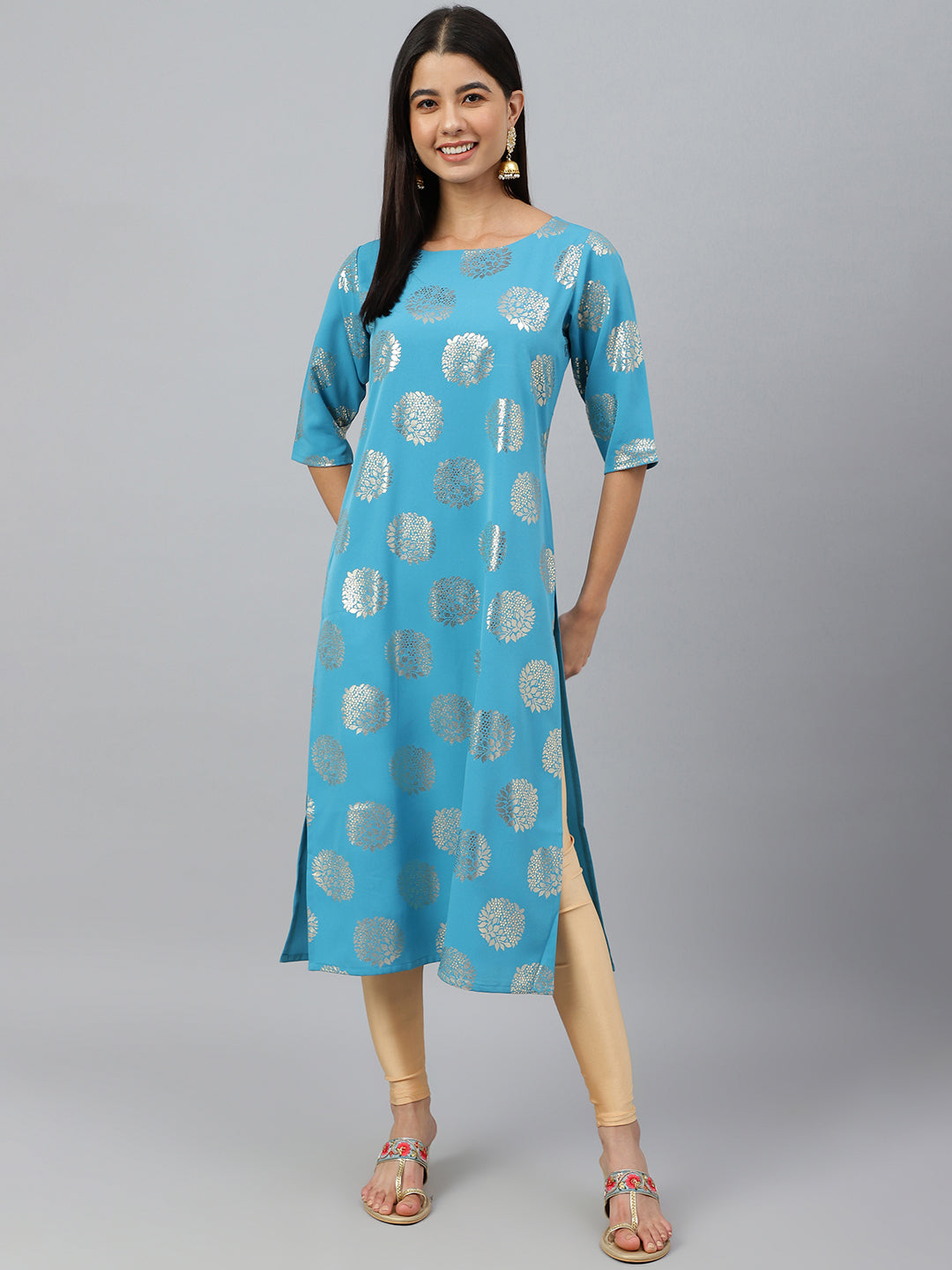 Janasya Women's Sky Blue Crepe Foil Print Casual Straight Kurta | Swadesiicart