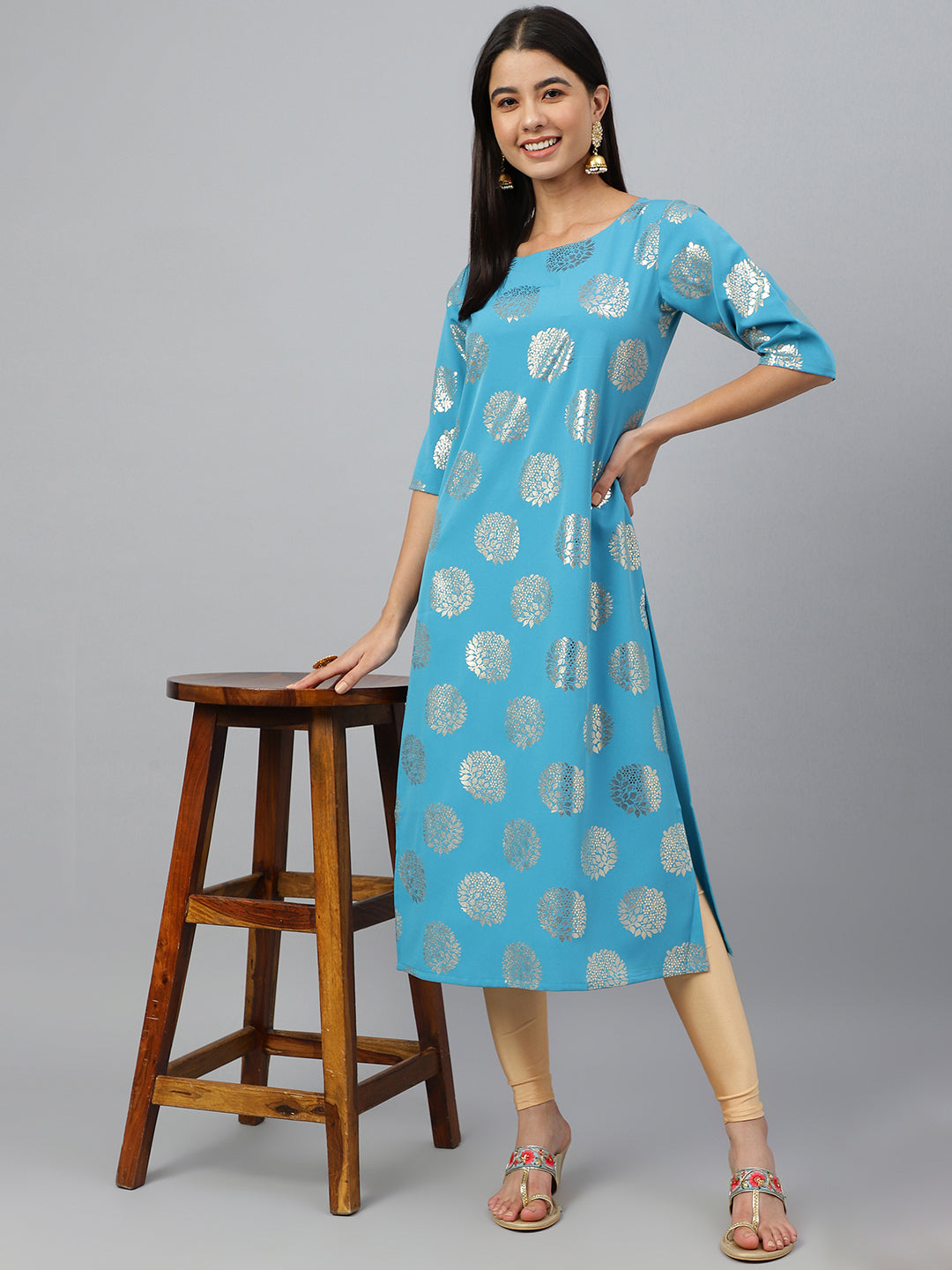 Janasya Women's Sky Blue Crepe Foil Print Casual Straight Kurta | Swadesiicart