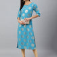 Janasya Women's Sky Blue Crepe Foil Print Casual Straight Kurta | Swadesiicart
