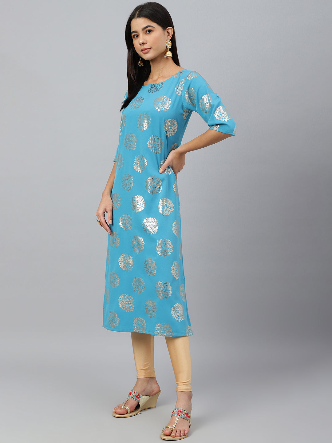 Janasya Women's Sky Blue Crepe Foil Print Casual Straight Kurta | Swadesiicart