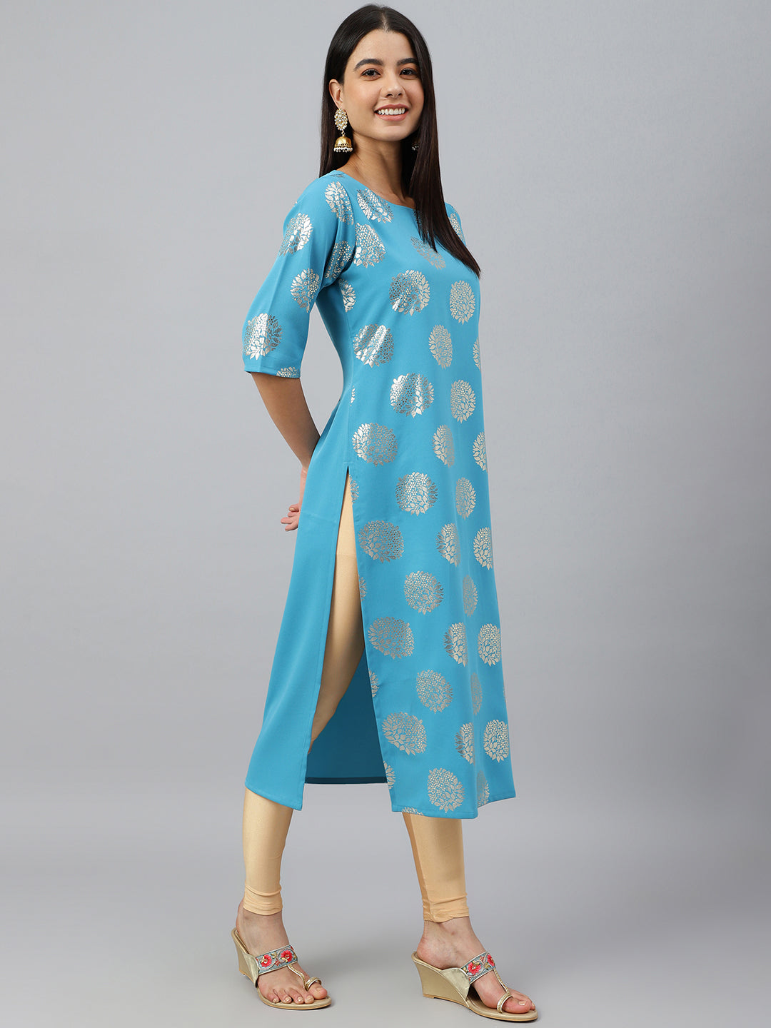 Janasya Women's Sky Blue Crepe Foil Print Casual Straight Kurta | Swadesiicart