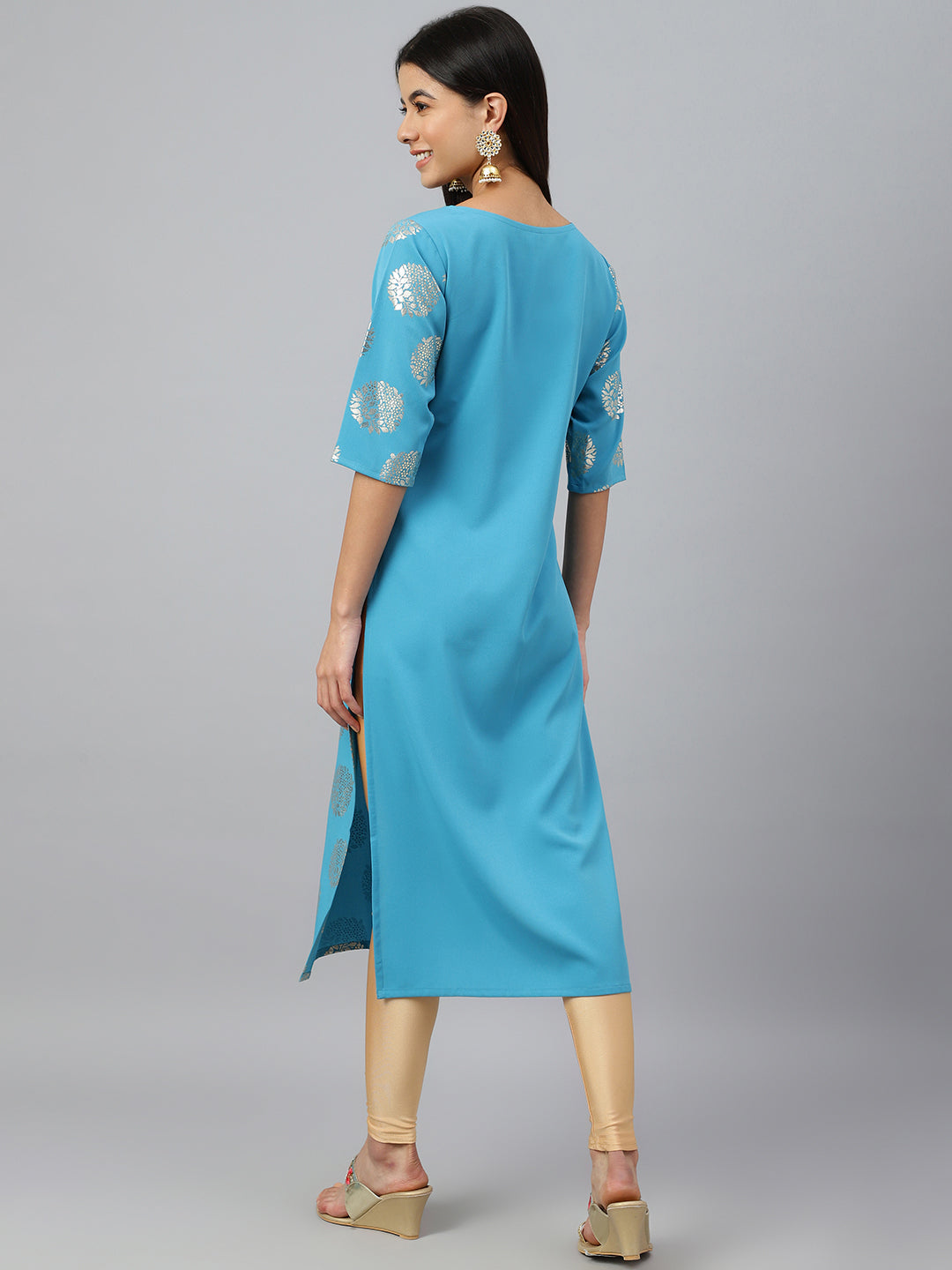 Janasya Women's Sky Blue Crepe Foil Print Casual Straight Kurta | Swadesiicart